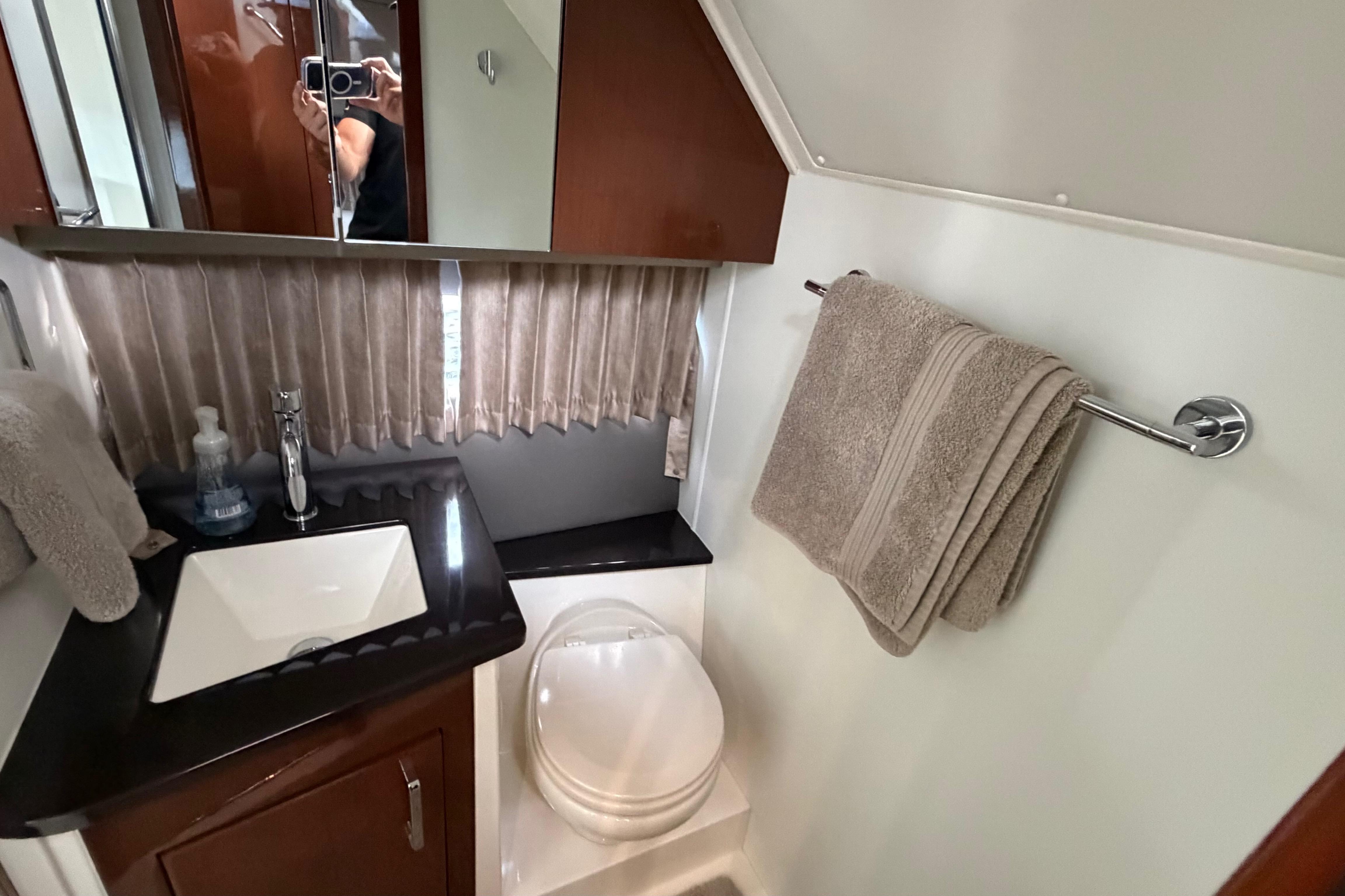 2019 Carver C34 yacht bathroom with sink, toilet, and towel rack.
