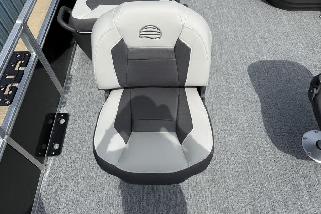 2026 Sun Tracker Bass Buggy 16 XL Select boat seat, gray and white upholstery.