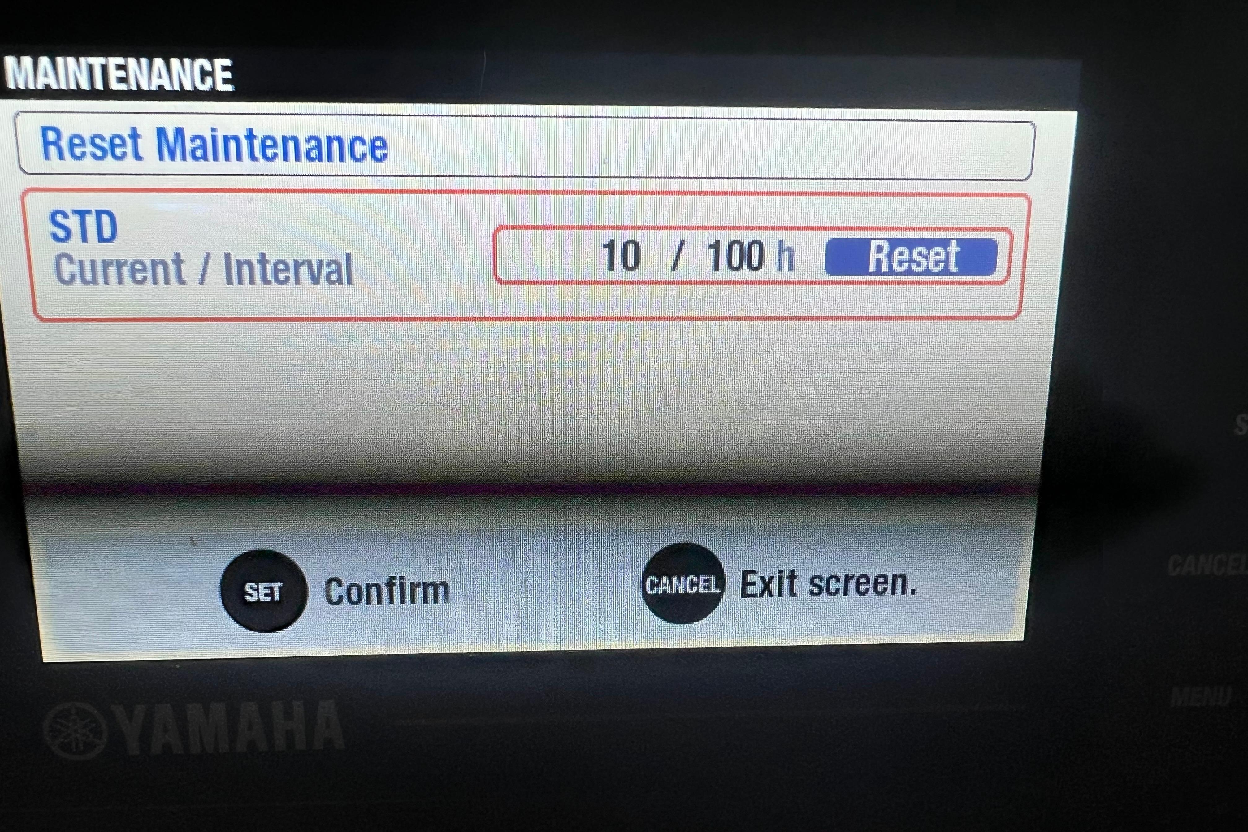 Maintenance reset screen on 2018 Cobia 201 Center Console boat display.