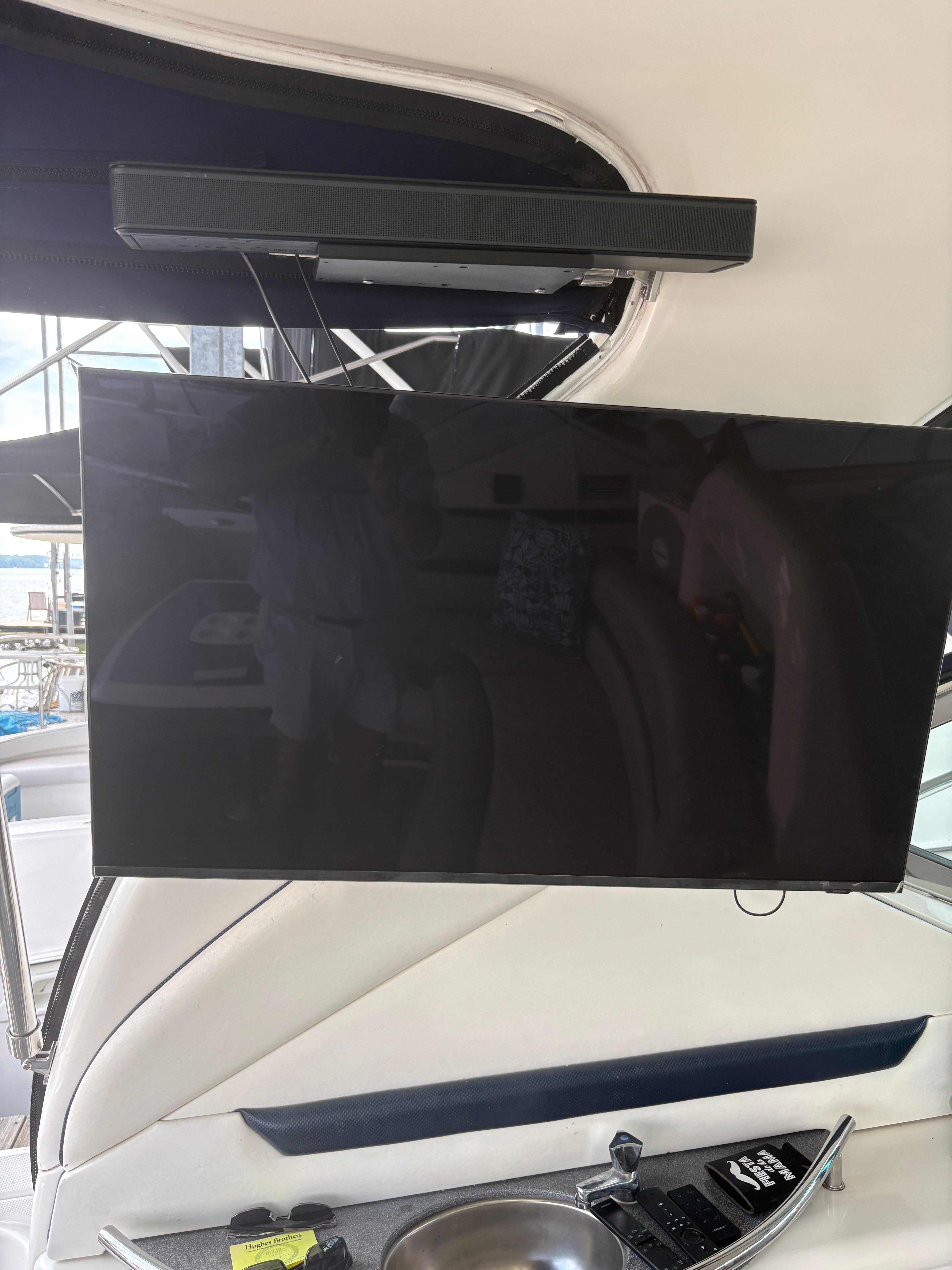 TV and soundbar on a Sea Ray 420 Sundancer yacht.