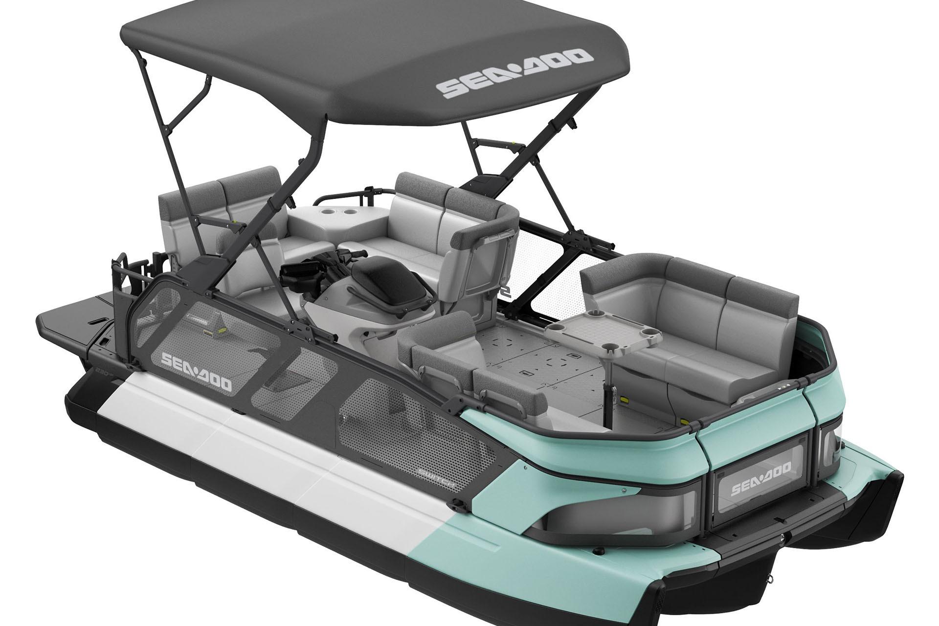 2026 Sea-Doo Switch Cruise 18 pontoon boat with canopy and seating, side view.
