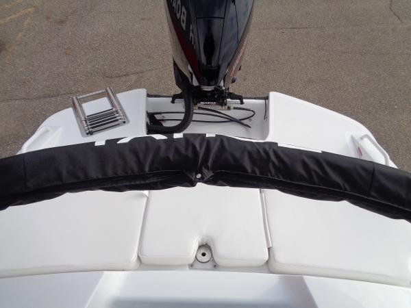 2024 Tahoe T21 boat stern with outboard motor and swim ladder.