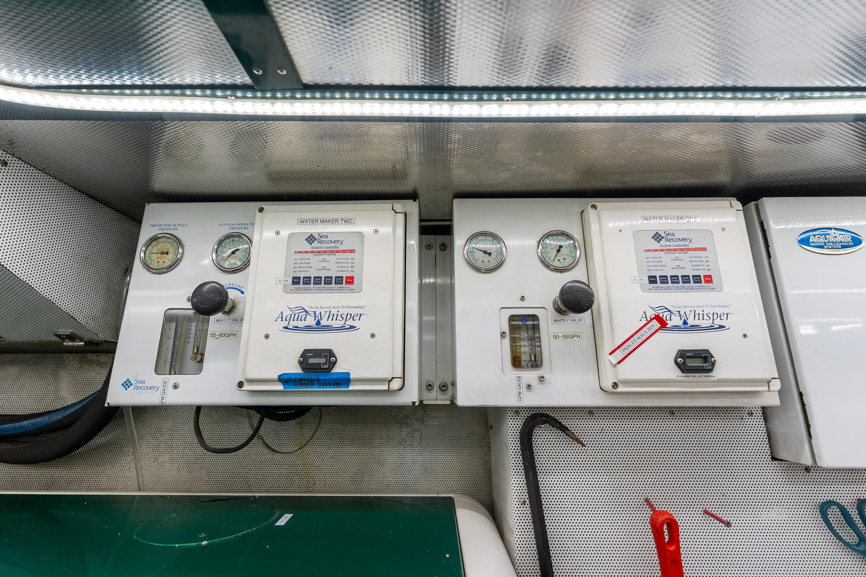 Control panels of Aqua Whisper water makers on 1985 Delta Marine Expedition Yacht.