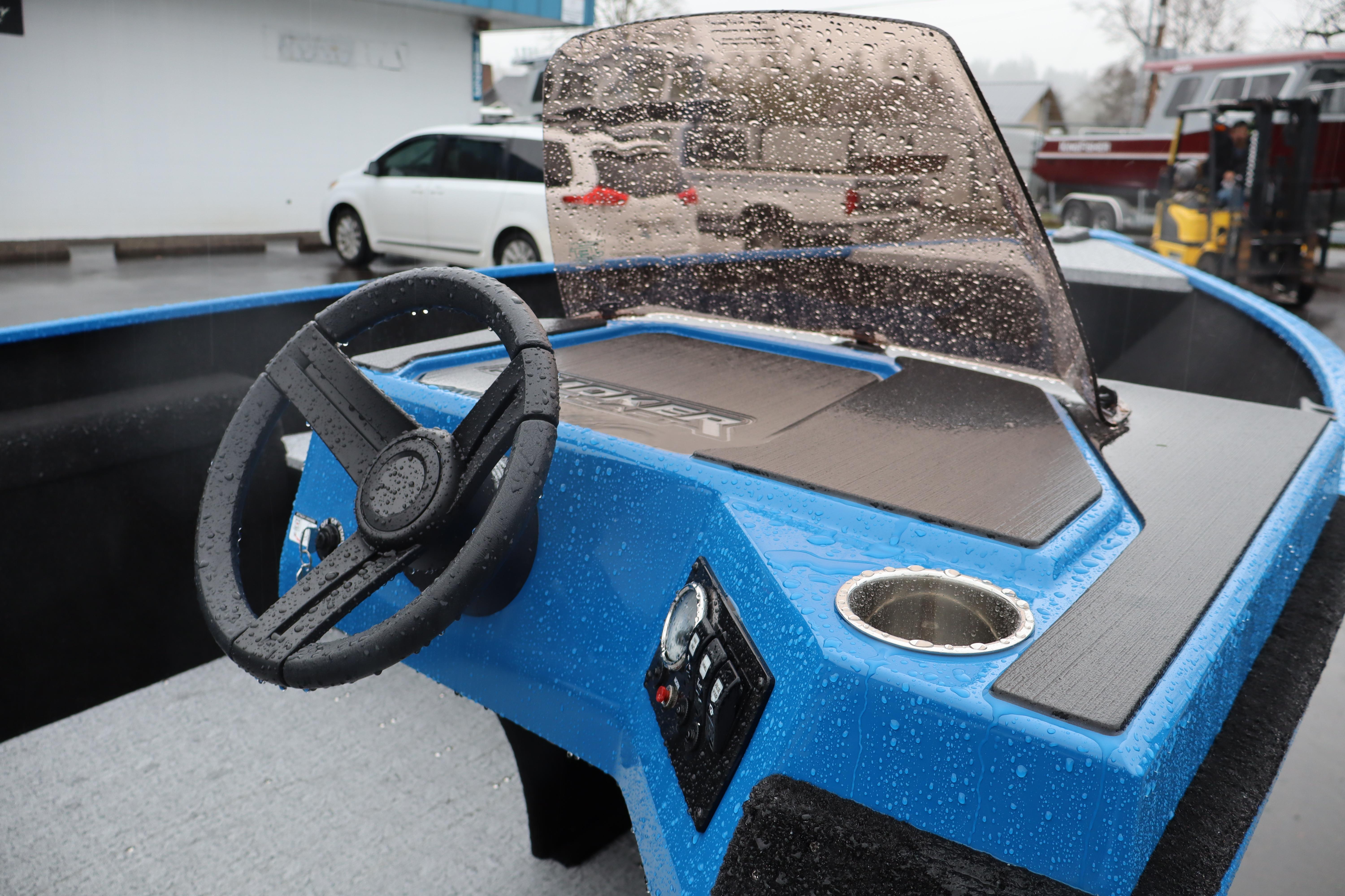 2026 Smoker Craft Lazer 161 boat with wet steering wheel and dashboard.