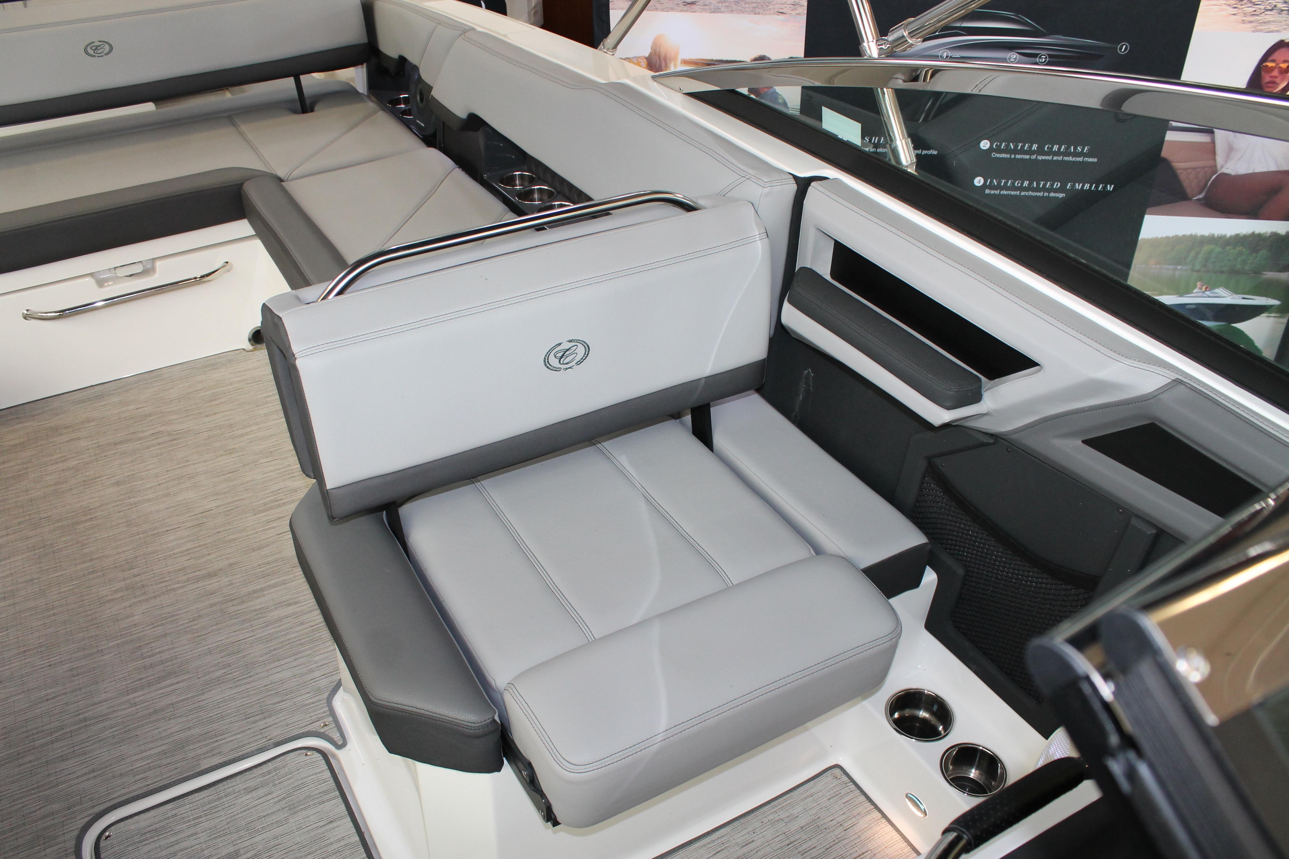 2023 Cobalt R8 boat interior with sleek gray seating and modern design elements.