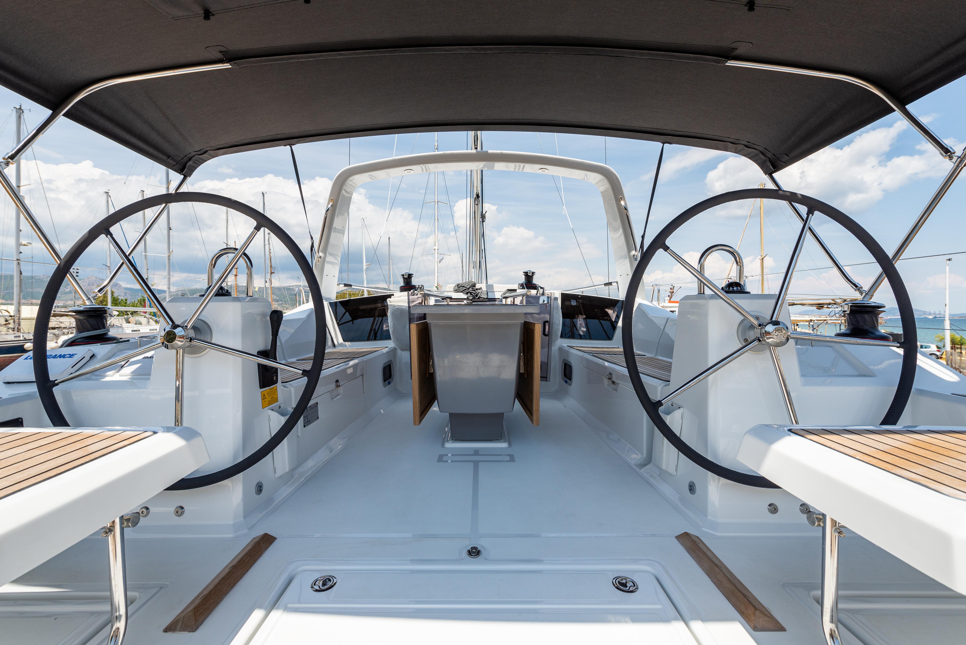 Beneteau Oceanis 41.1 sailboat cockpit with dual steering wheels, 2020 model.