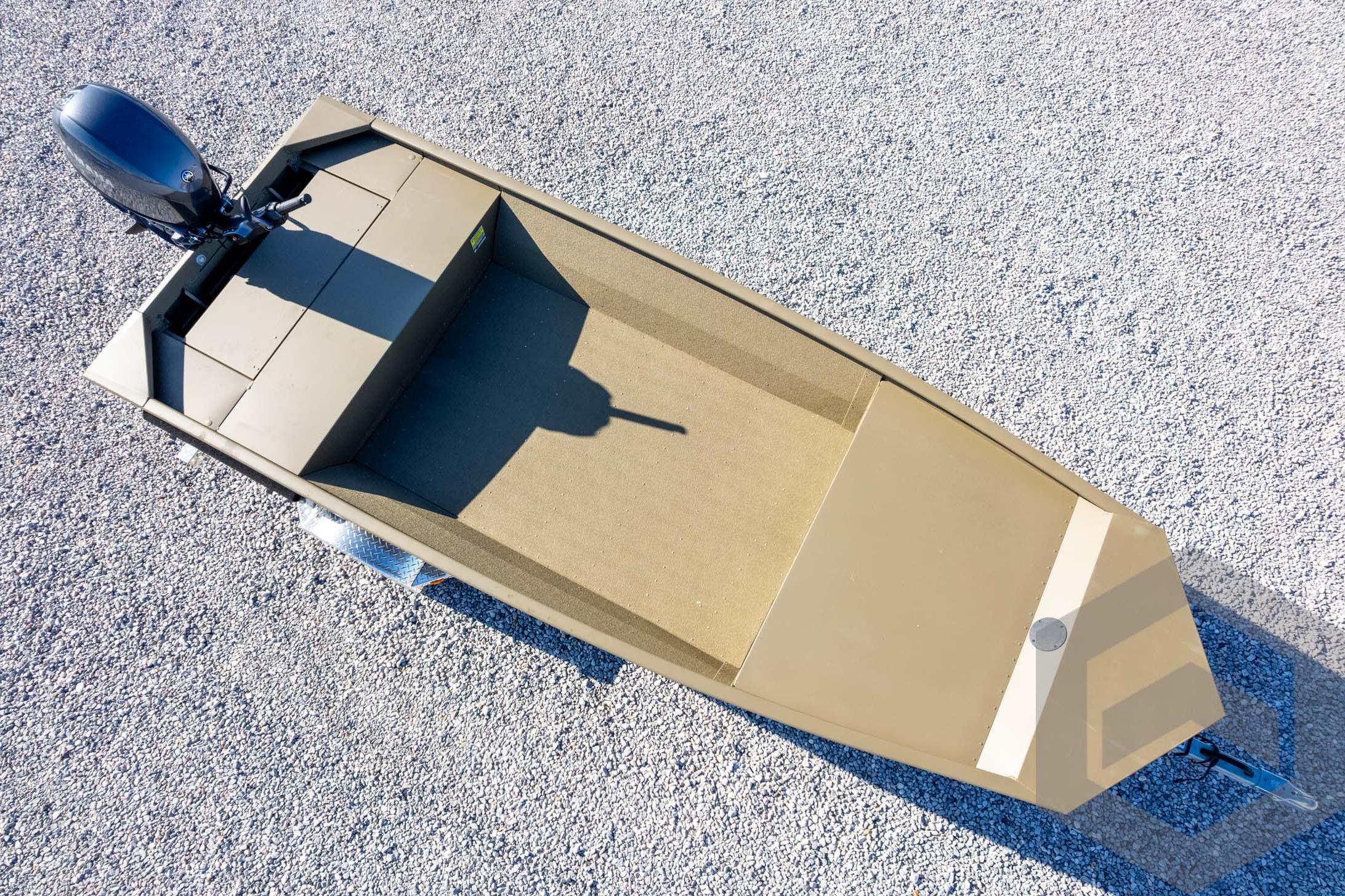 2026 G3 Gator Tough 1652 VBW boat on gravel, aerial view.
