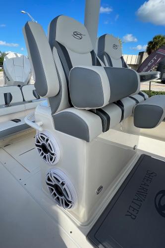 2024 ShearWater 270 SS Open Carolina boat seats with built-in speakers.
