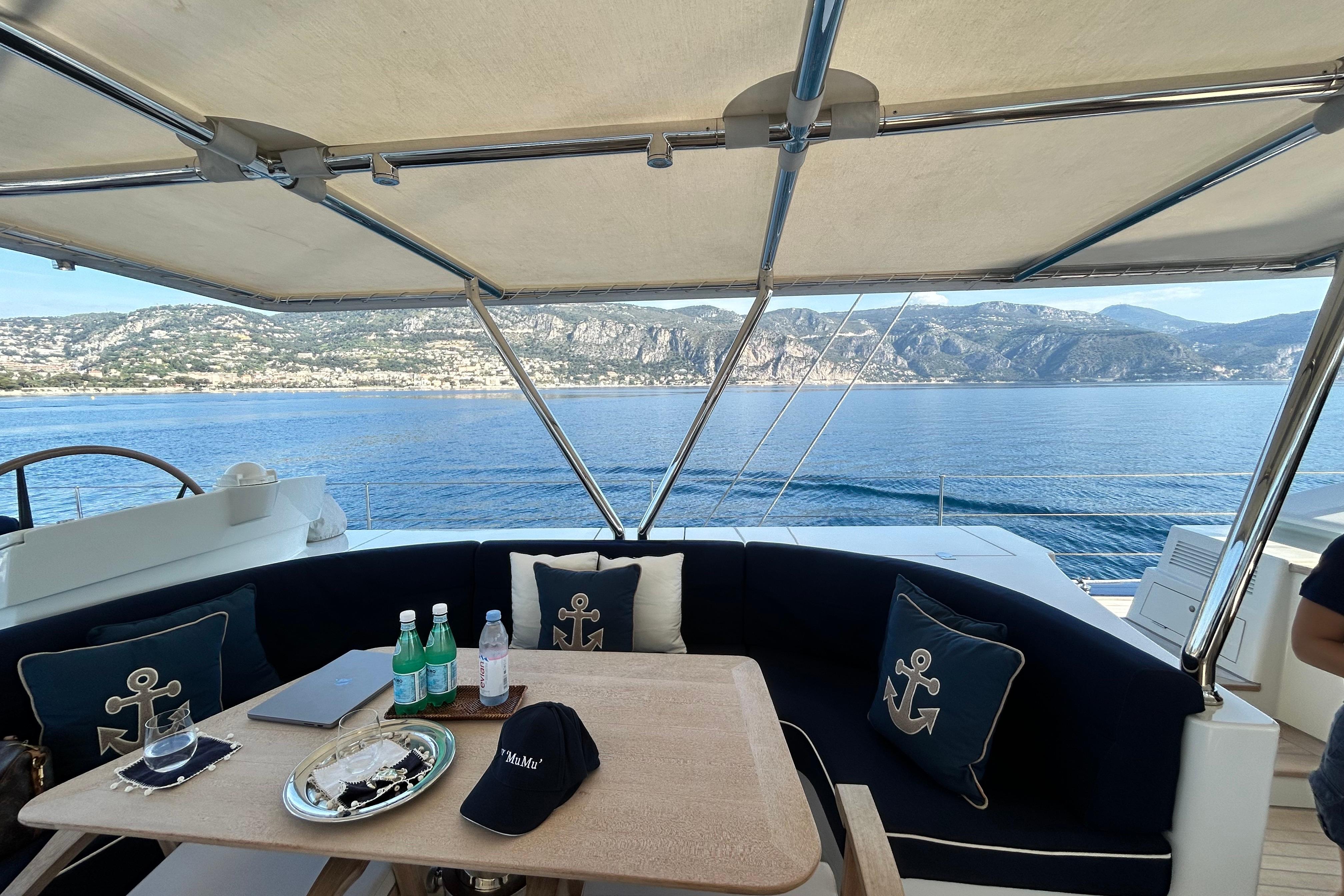 Luxurious Dereli Yachts 39m deck with scenic coastal view, 2004 model.
