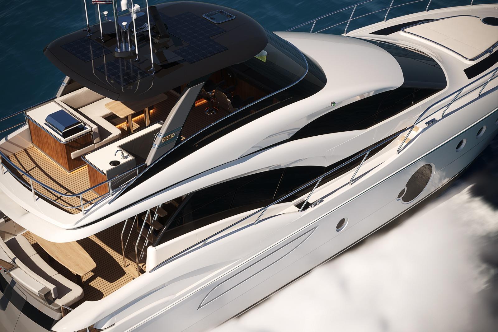 Luxurious 2026 Neptunus 650S yacht cruising on open water, showcasing sleek design and spacious deck.