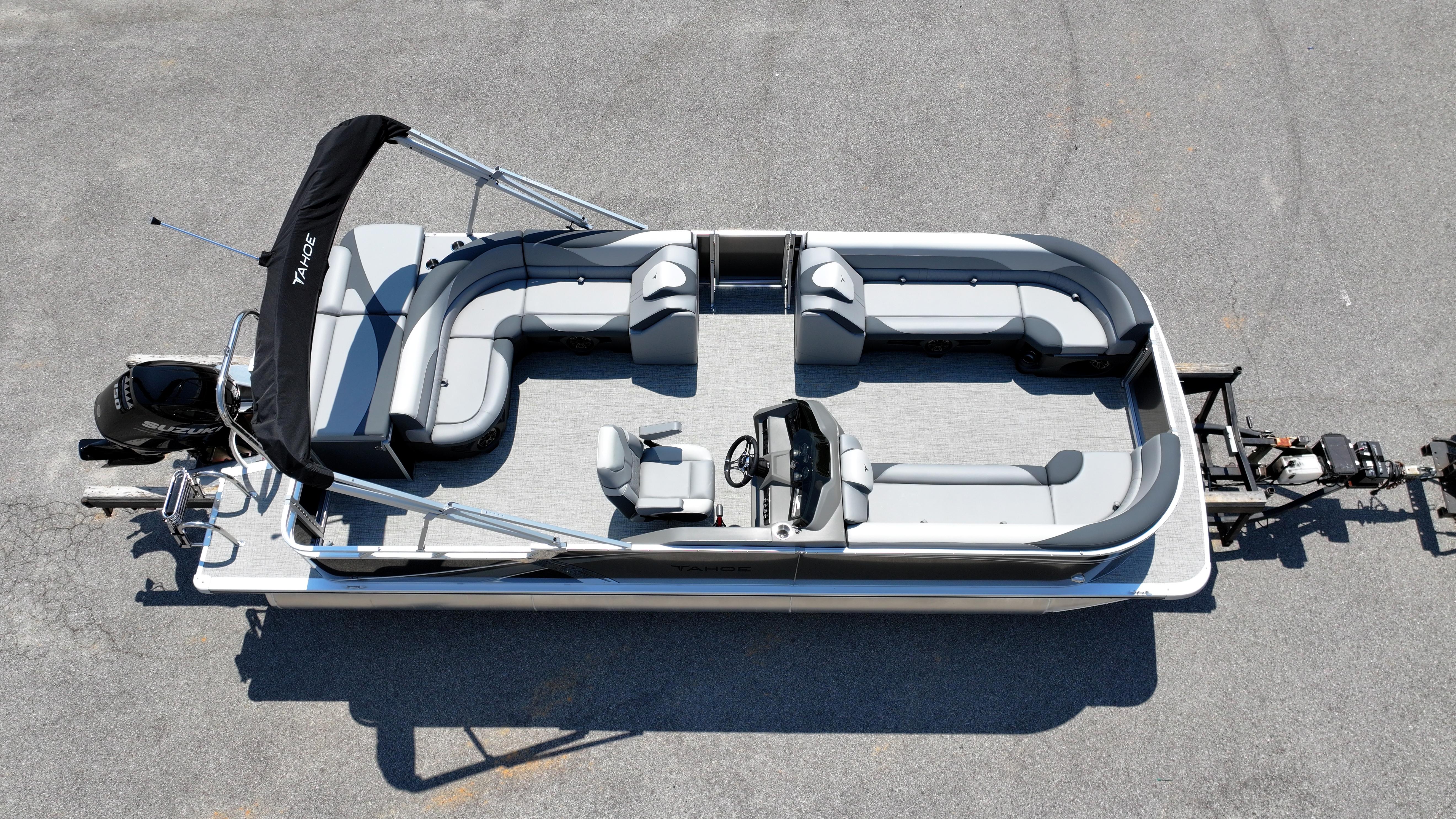 2025 Tahoe Pontoon LTZ Cruise boat, aerial view, sleek design, spacious seating, modern features.