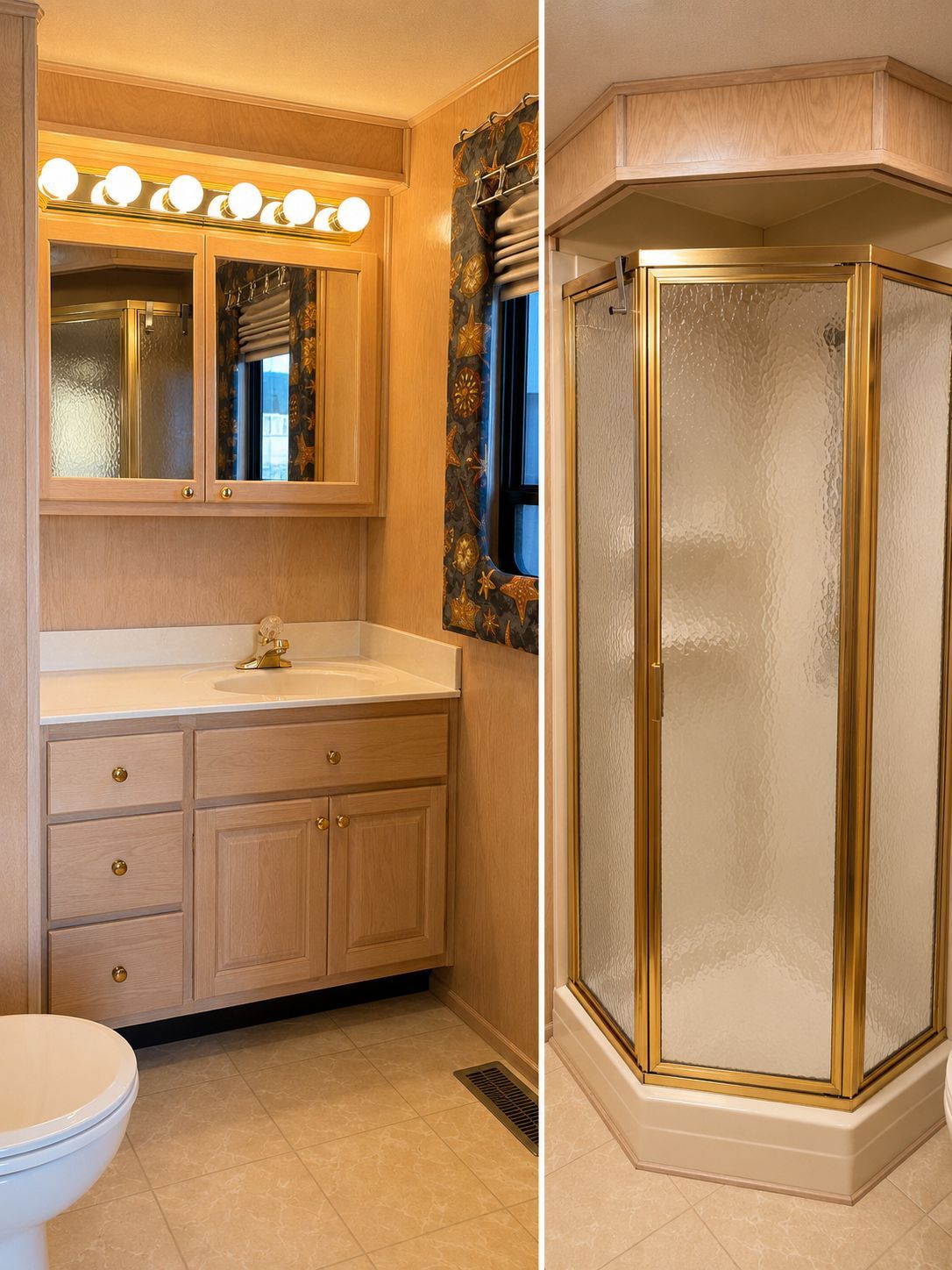 The image shows a bathroom with a vanity, a lighted mirror, and a shower enclosure.