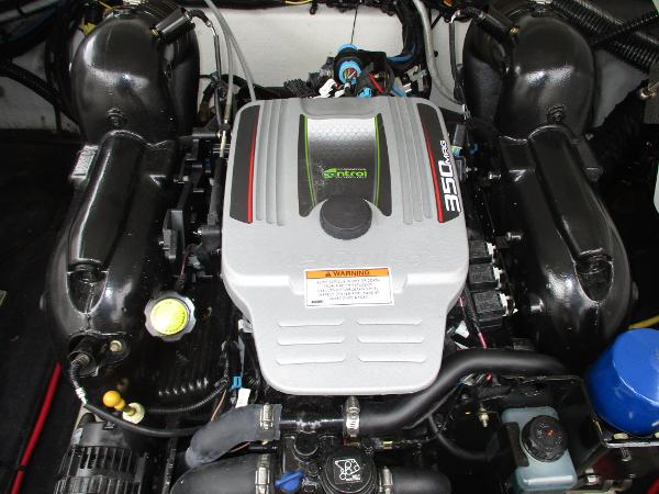 Engine compartment of a 2015 Crownline 285 SS boat with 350 HP engine.