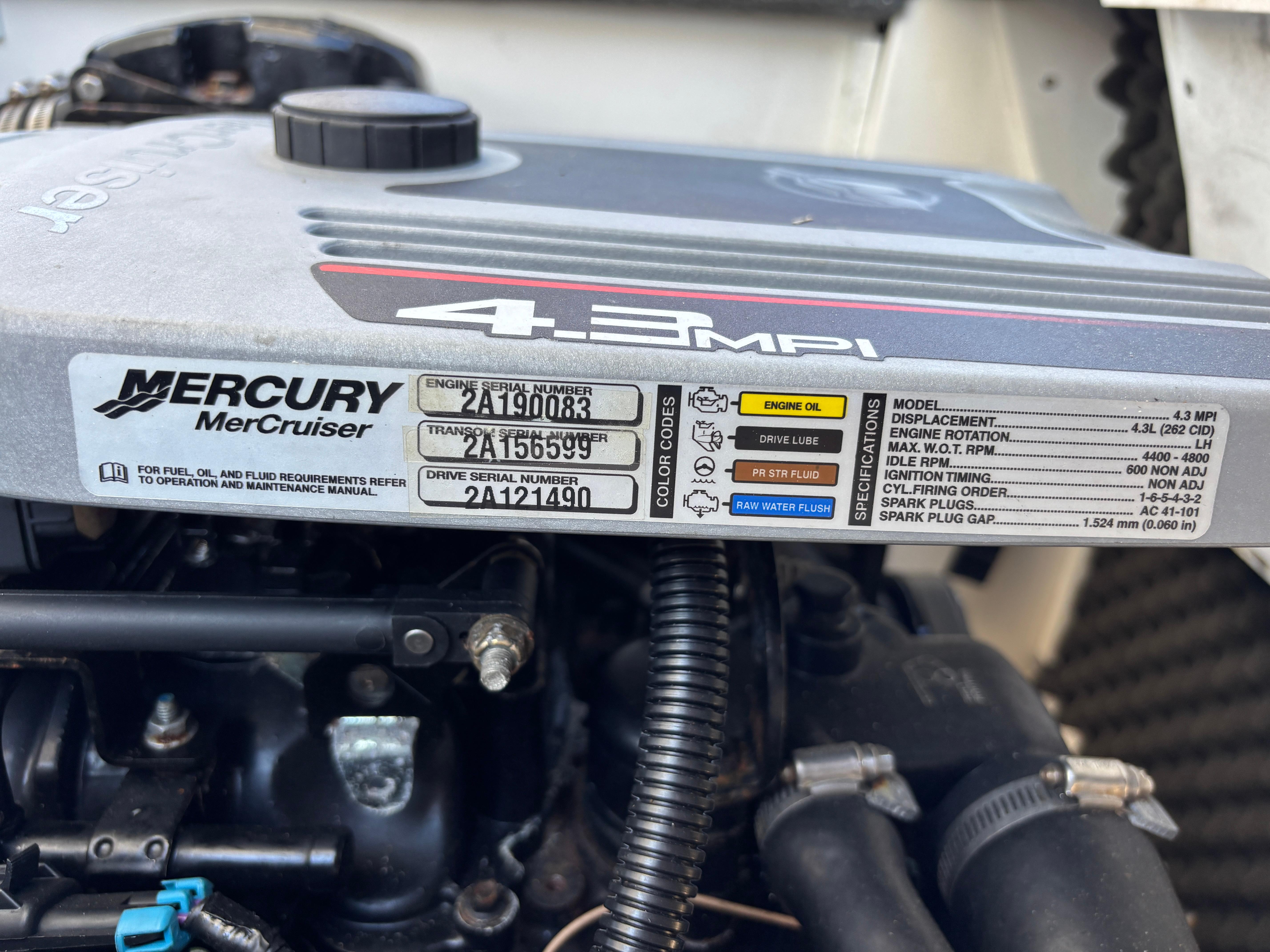 Mercury MerCruiser engine label on a 2014 Sea Ray 205 Sport boat.
