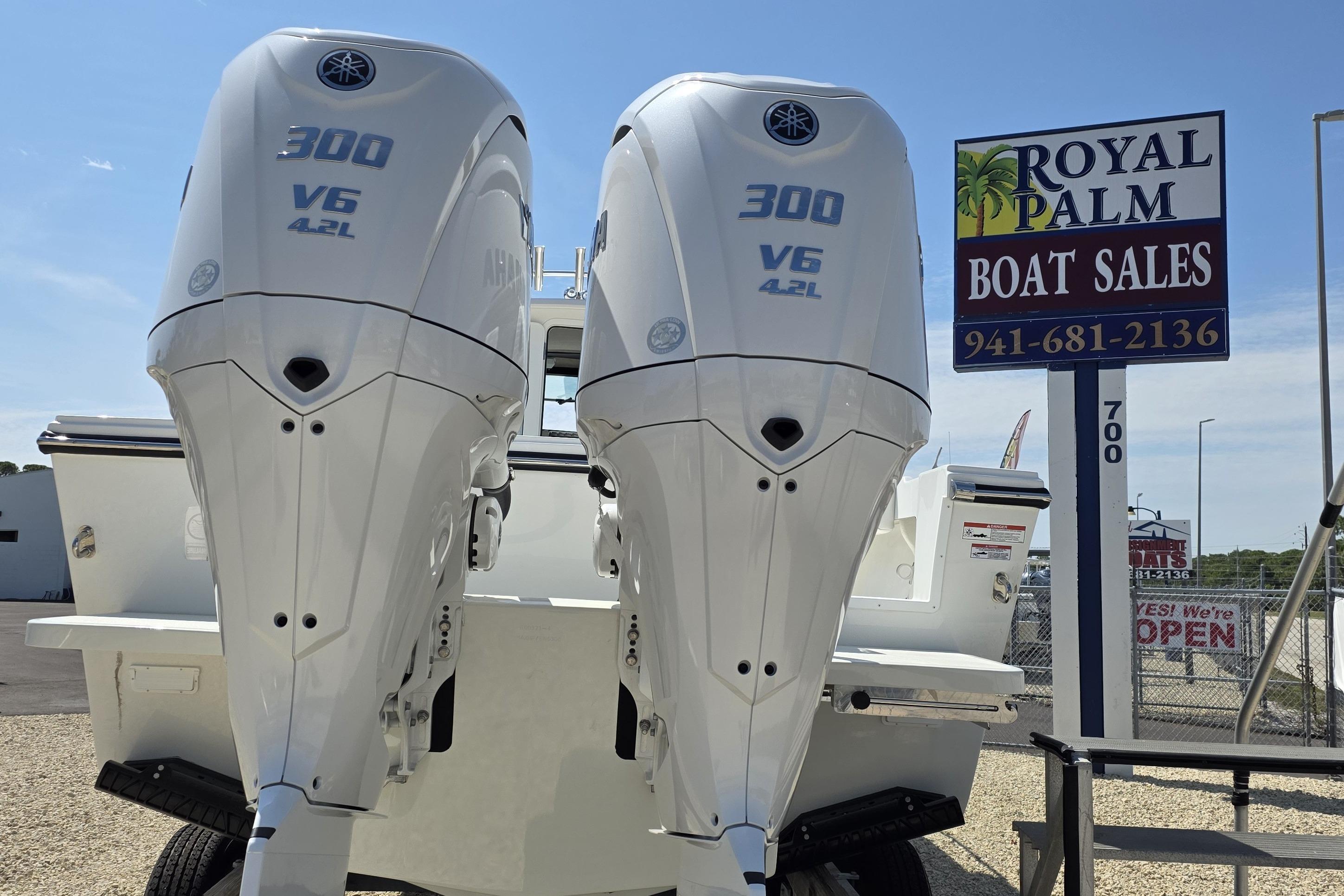 Twin Yamaha 300 V6 engines on a 2026 Parker 287 Explorer at Royal Palm Boat Sales.