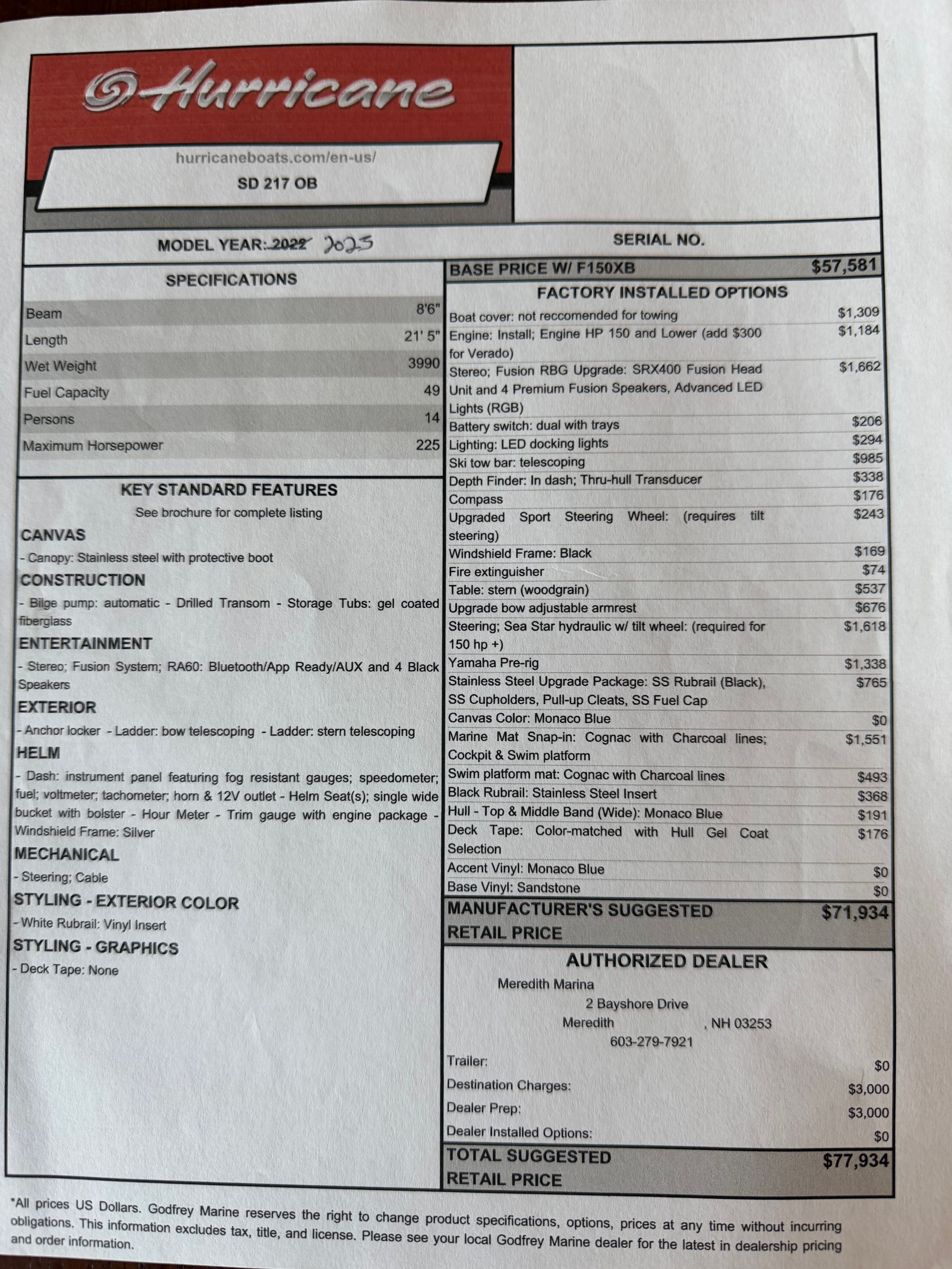 Hurricane SunDeck 217 OB 2022: A price sheet showing specifications, standard features, and additional options.
