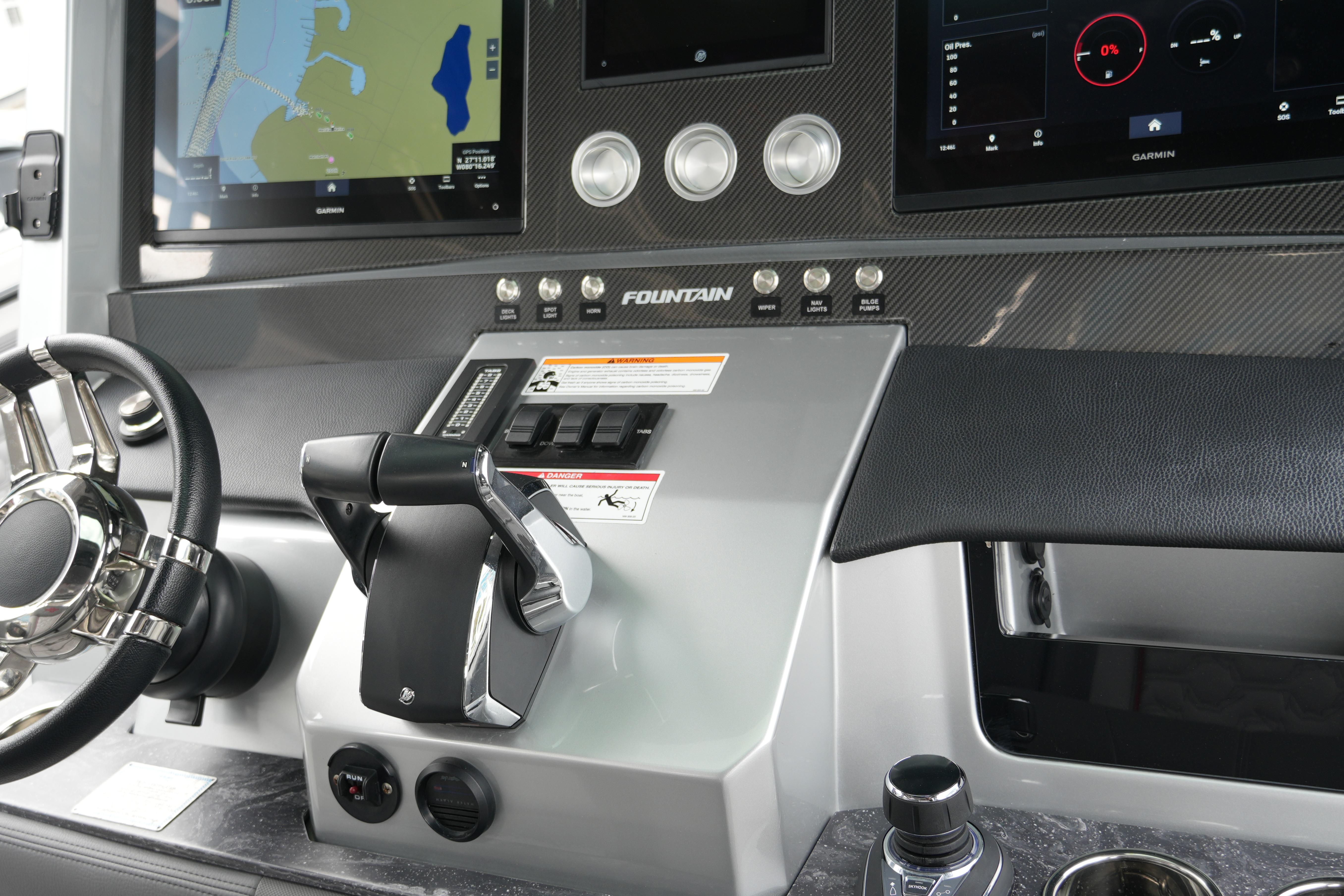 2025 Fountain 38 SCX boat dashboard with advanced navigation and control systems.