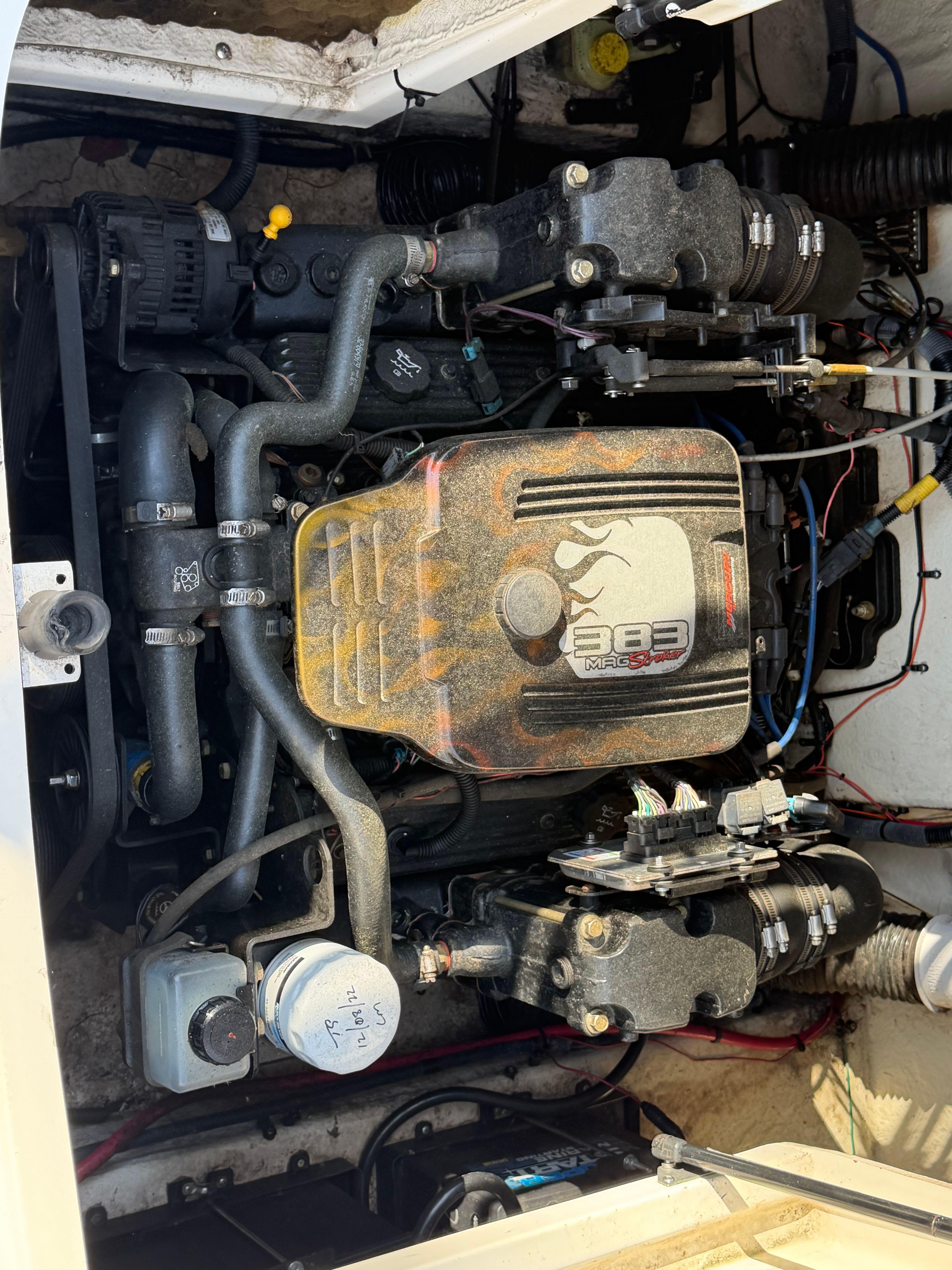 Engine compartment of a 2004 Sea Ray 270 Sundeck boat.