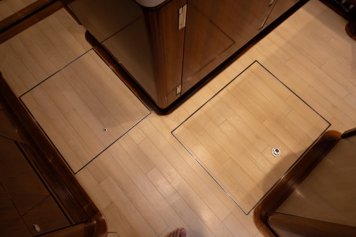 Wooden interior flooring of 2005 Royal Huisman Ketch Sailing Yacht.