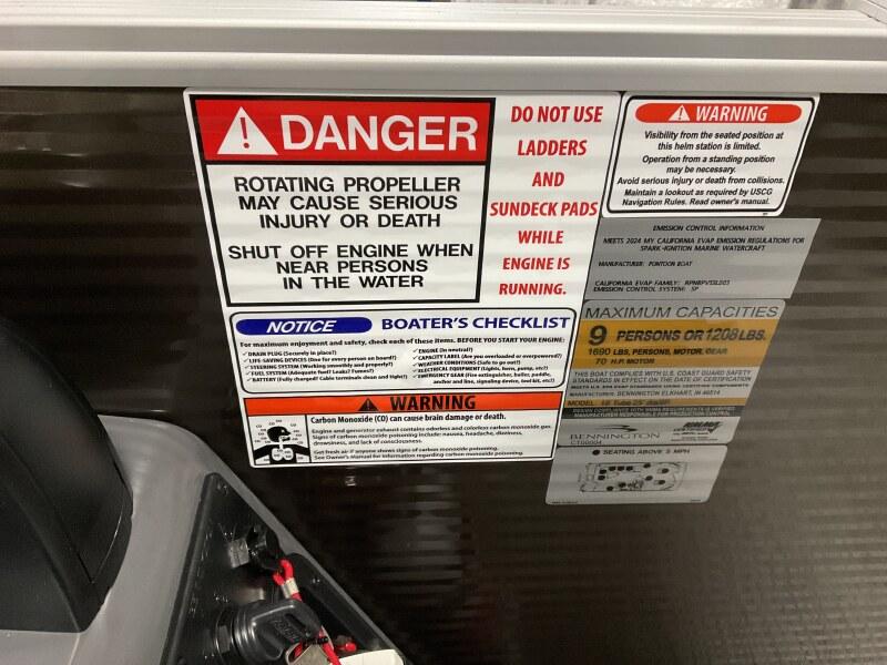 Safety warnings and capacity limits on a 2025 Bennington 188 SS Family Fish Pontoon.