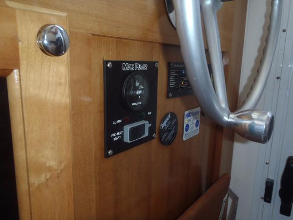 Control panel and steering wheel of 2025 Great Harbour N40 boat.