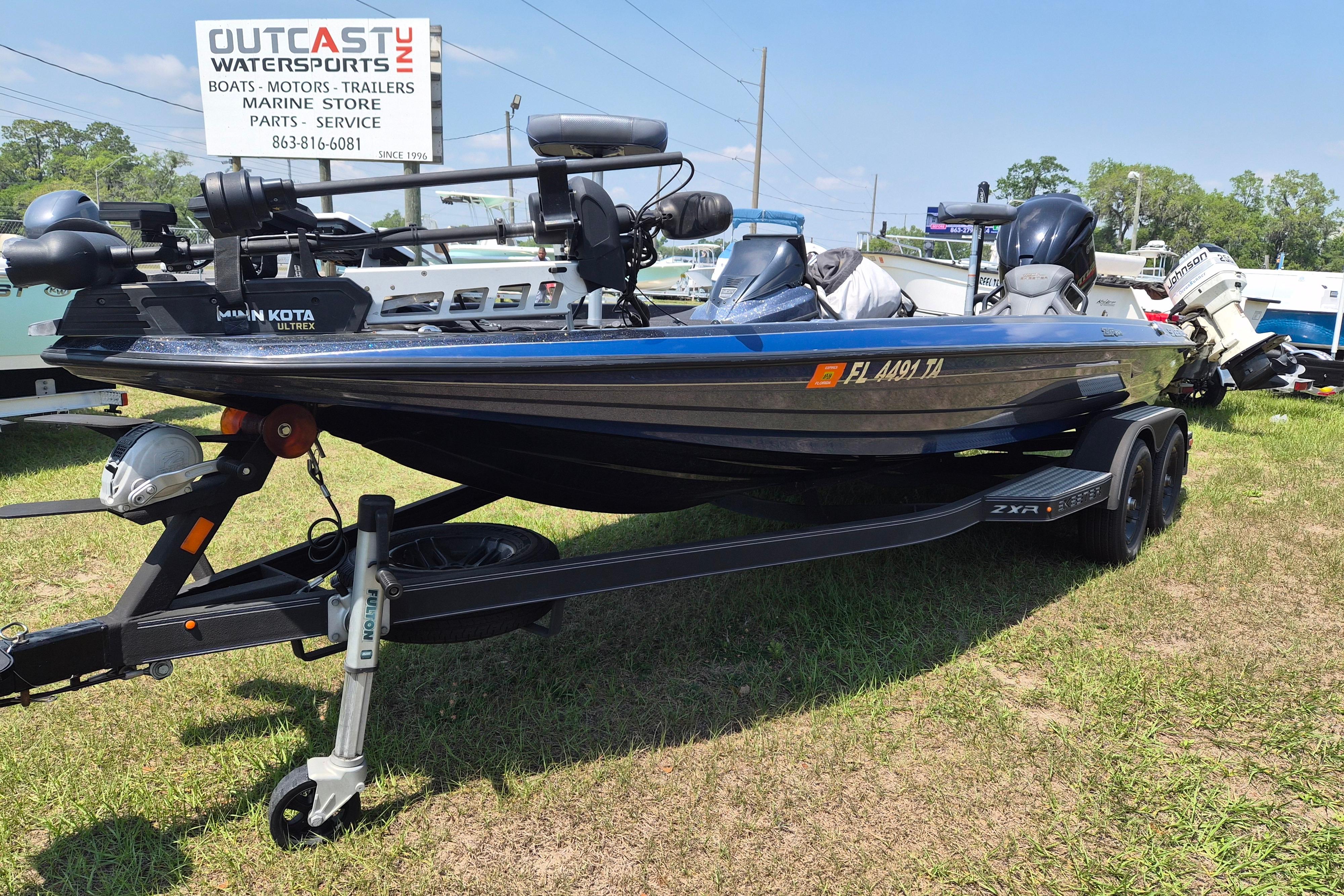 2021 Skeeter ZXR20 boat on trailer at Outcast Watersports dealership.