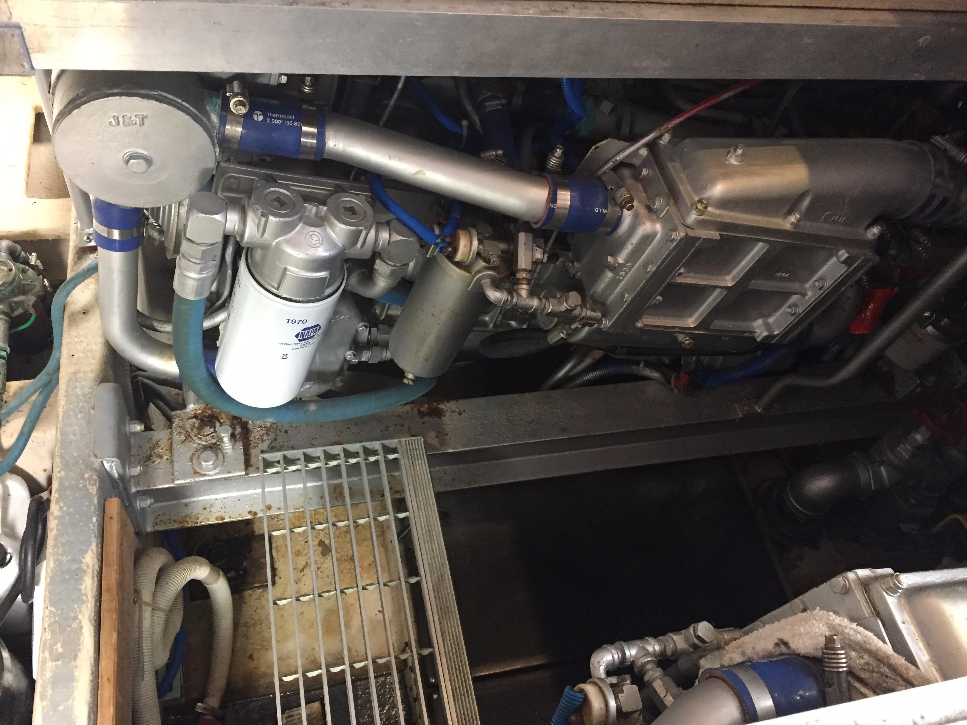 Engine room of a 1989 Viking 41 Sportfish Convertible boat.