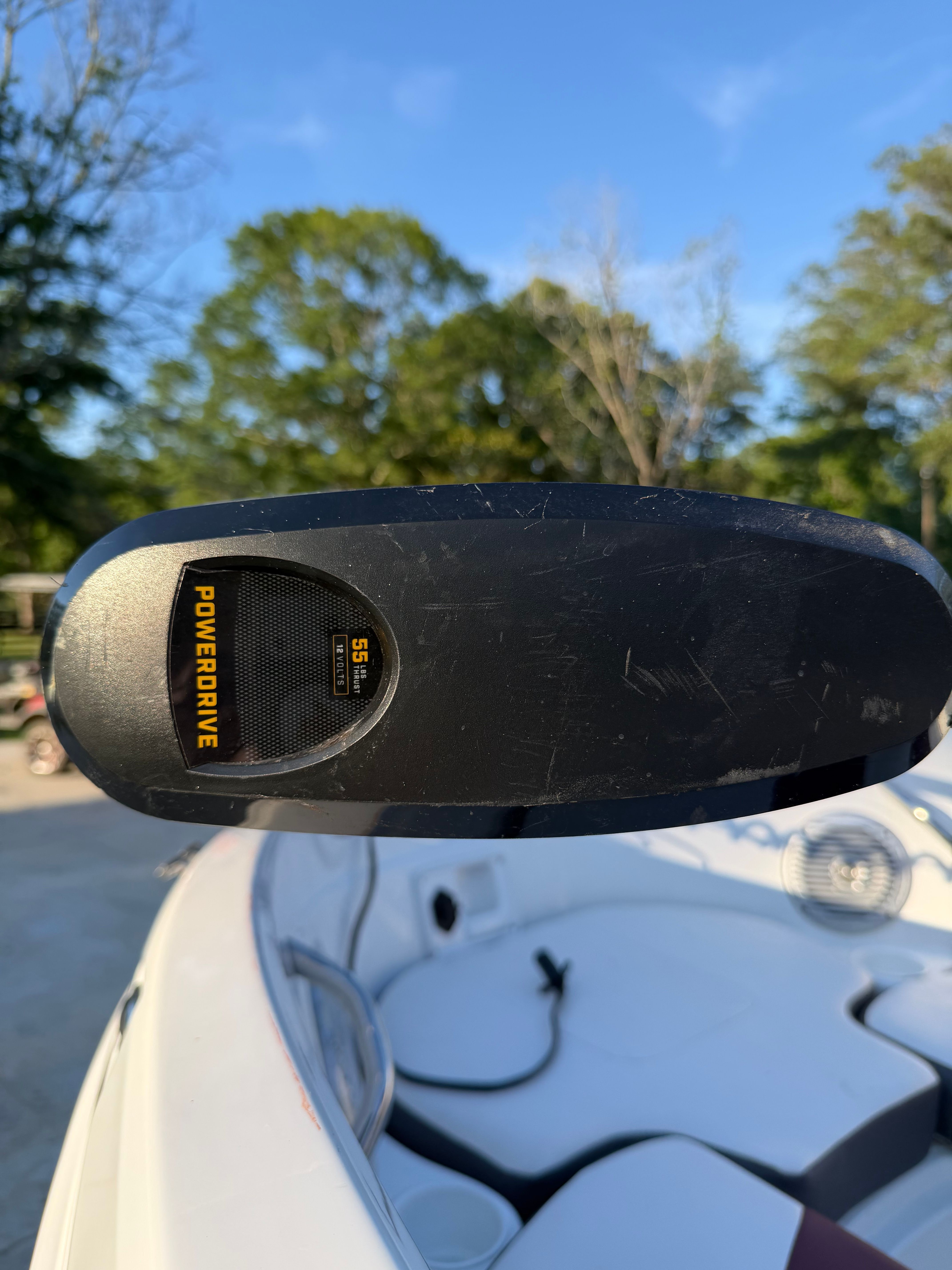 Close-up of a PowerDrive motor on a Tracker Tahoe 550TF boat.