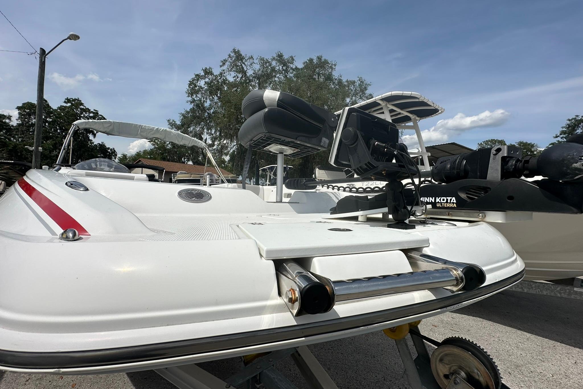 2021 Tahoe 2150 boat with Minn Kota trolling motor, parked outdoors on a sunny day.