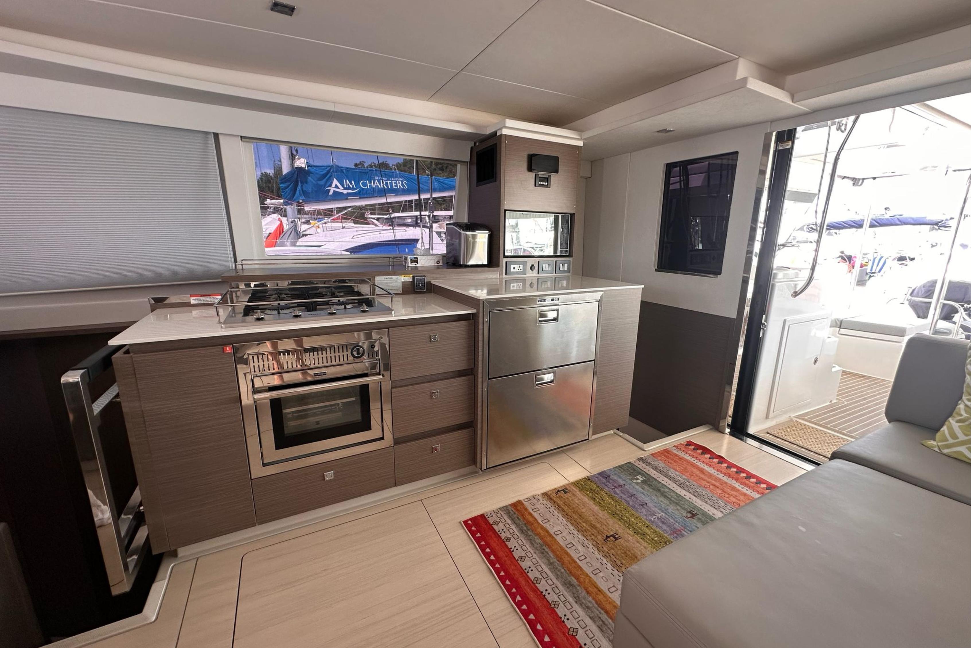 Modern kitchen on Leopard 50 yacht, 2024 model.