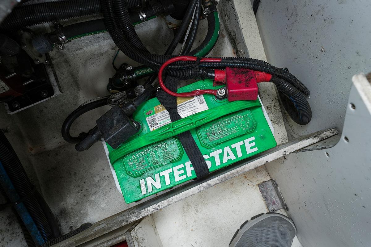 Interstate battery in 2018 Sea Ray SLX 350 boat engine compartment.