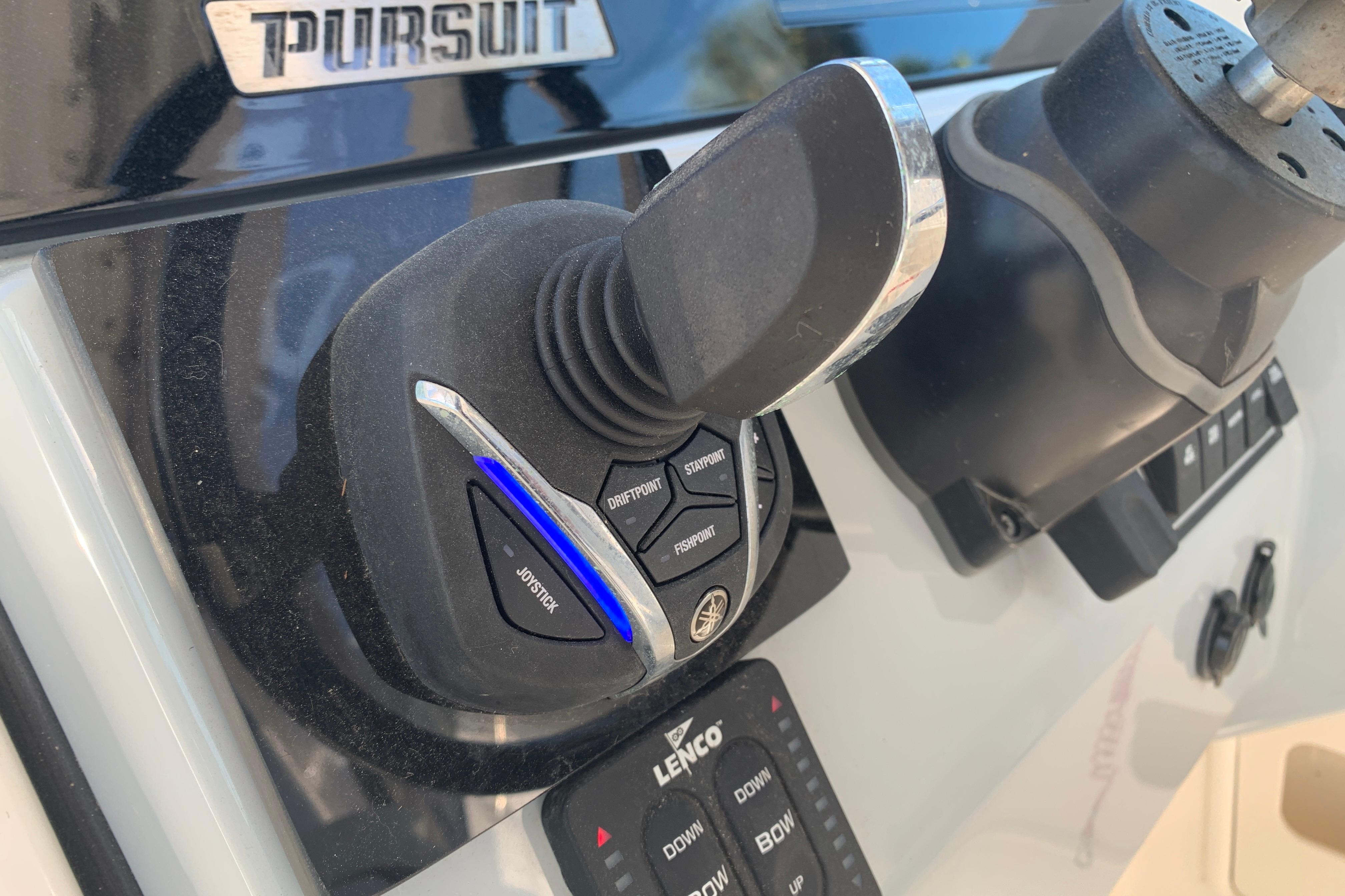Joystick control on 2023 Pursuit DC 266 Dual Console boat dashboard.