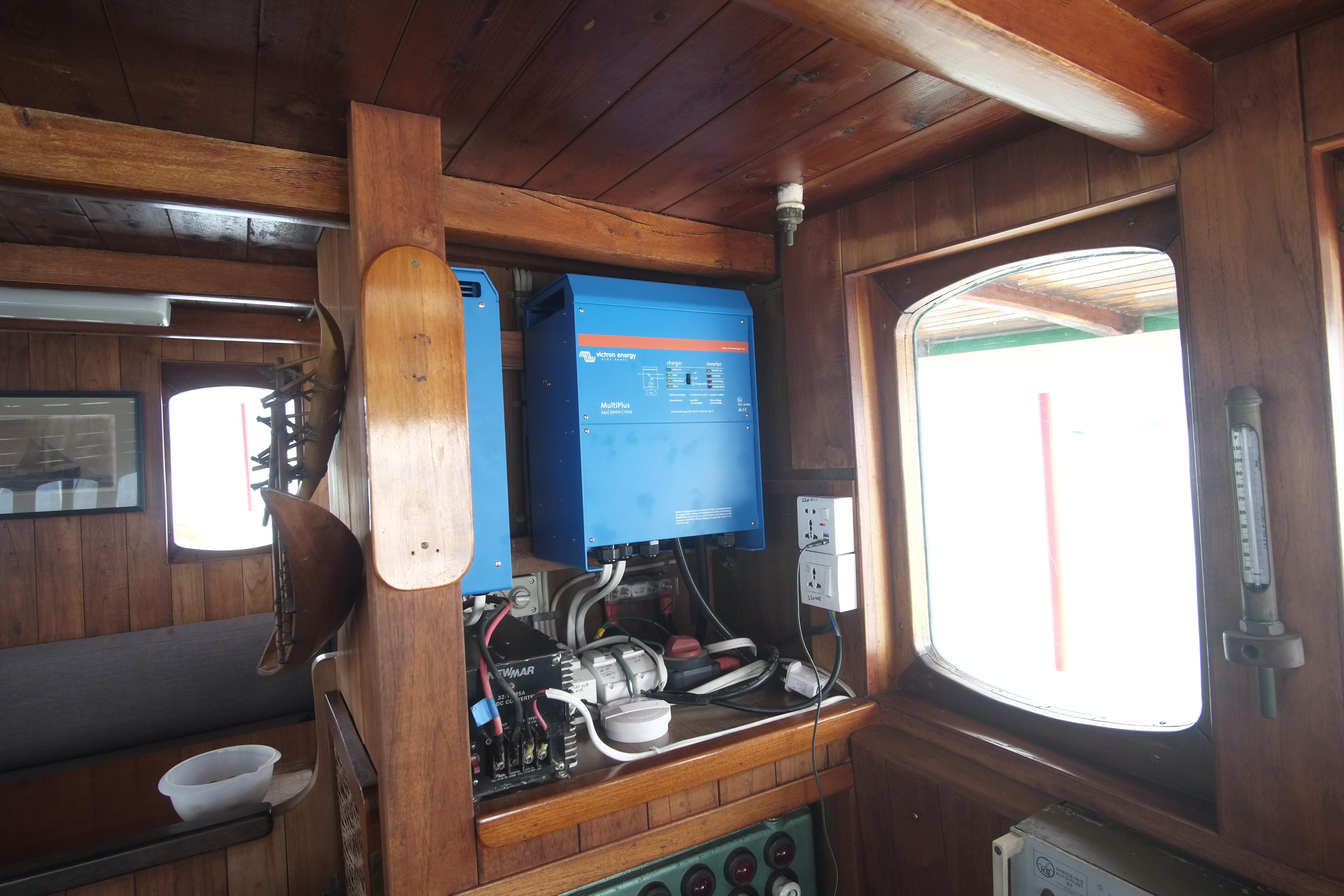 Wooden interior of a 1930 Custom Gronigen boat with electrical equipment.