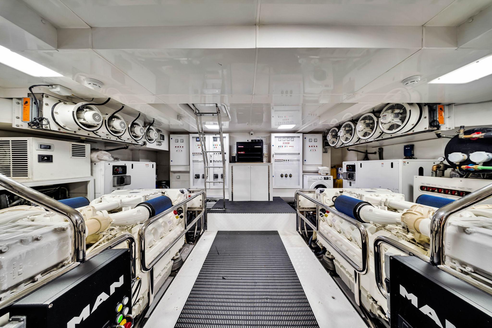 Engine room of 2021 Sirena 88 yacht with advanced machinery and equipment.