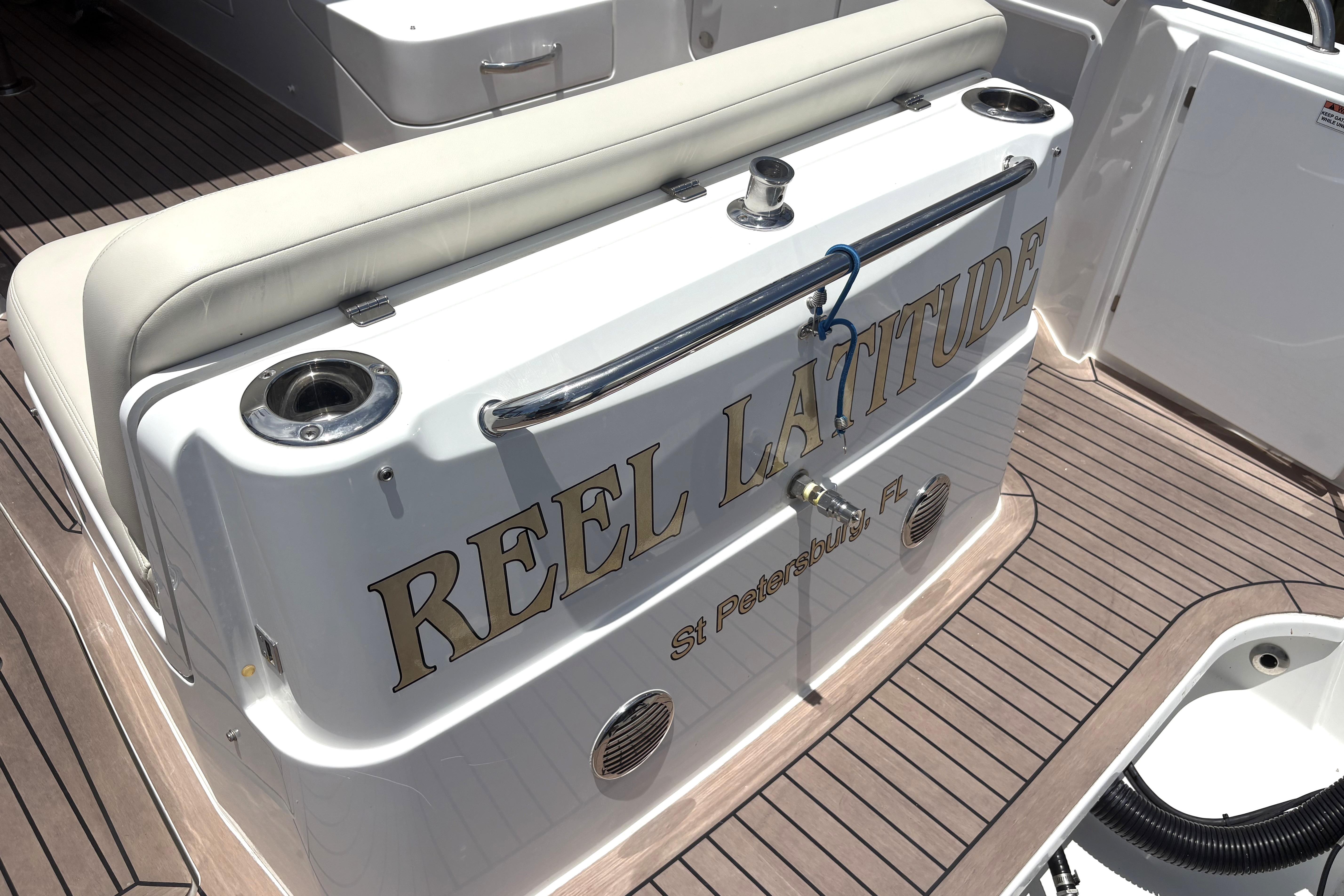 2024 MJM 35z boat deck with "Reel Latitude" name, St. Petersburg, FL.