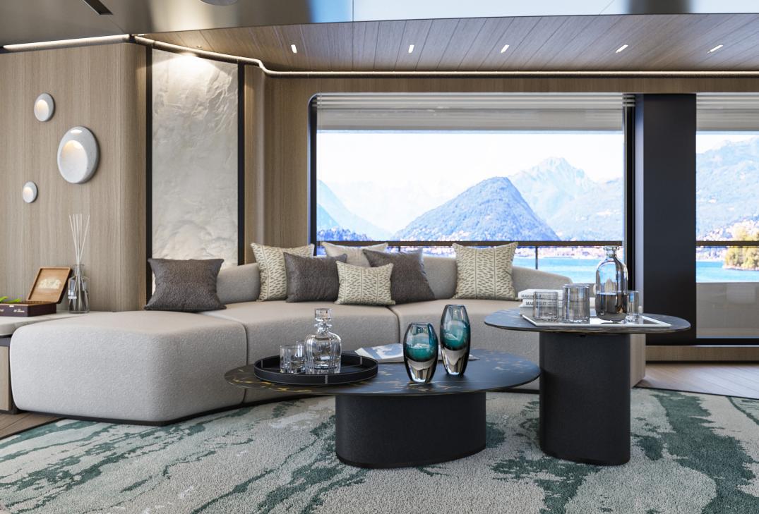 Luxurious yacht interior with modern decor, panoramic windows, and scenic mountain view, Custom Sirena 2026.