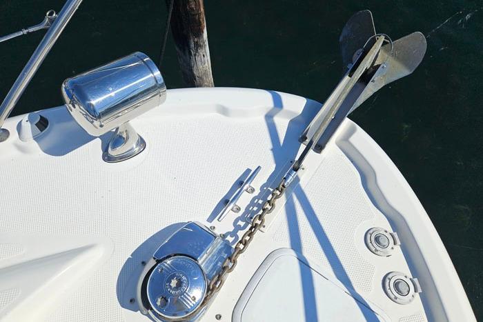 Bow of 2008 Bayliner 320 with anchor and winch system.
