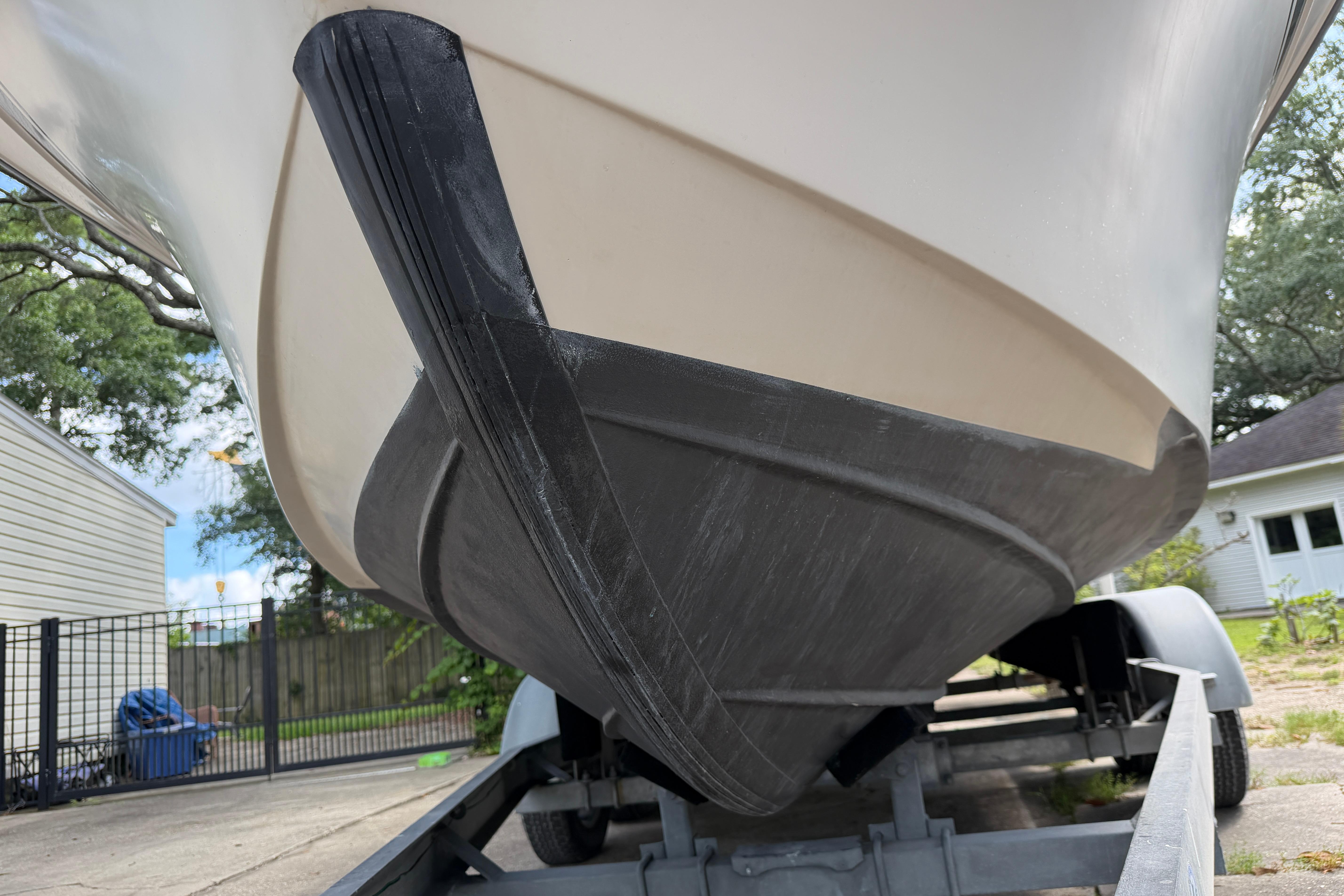 1987 Grady-White Seafarer 226 boat on trailer, viewed from below.