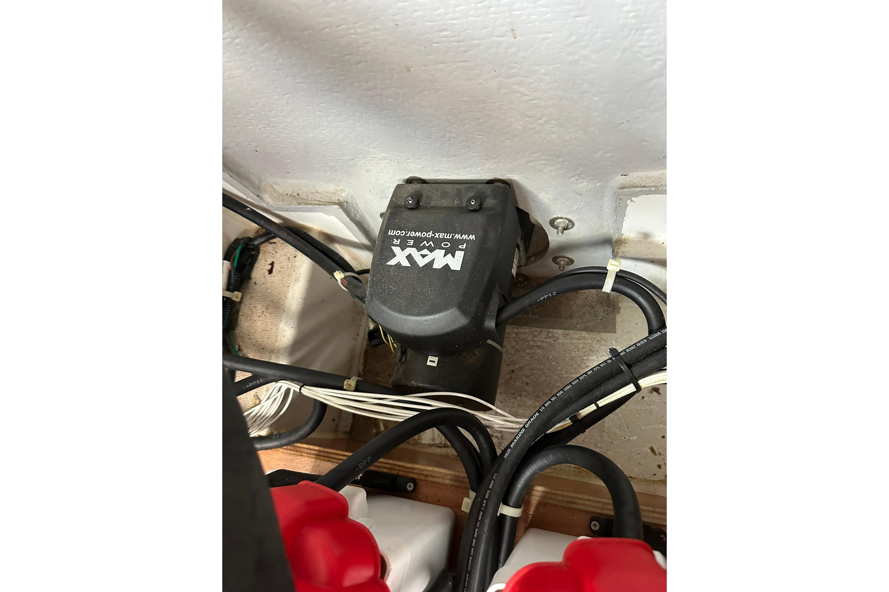 Engine compartment of 2011 Beneteau Swift Trawler 34 Fly with Max Power thruster.