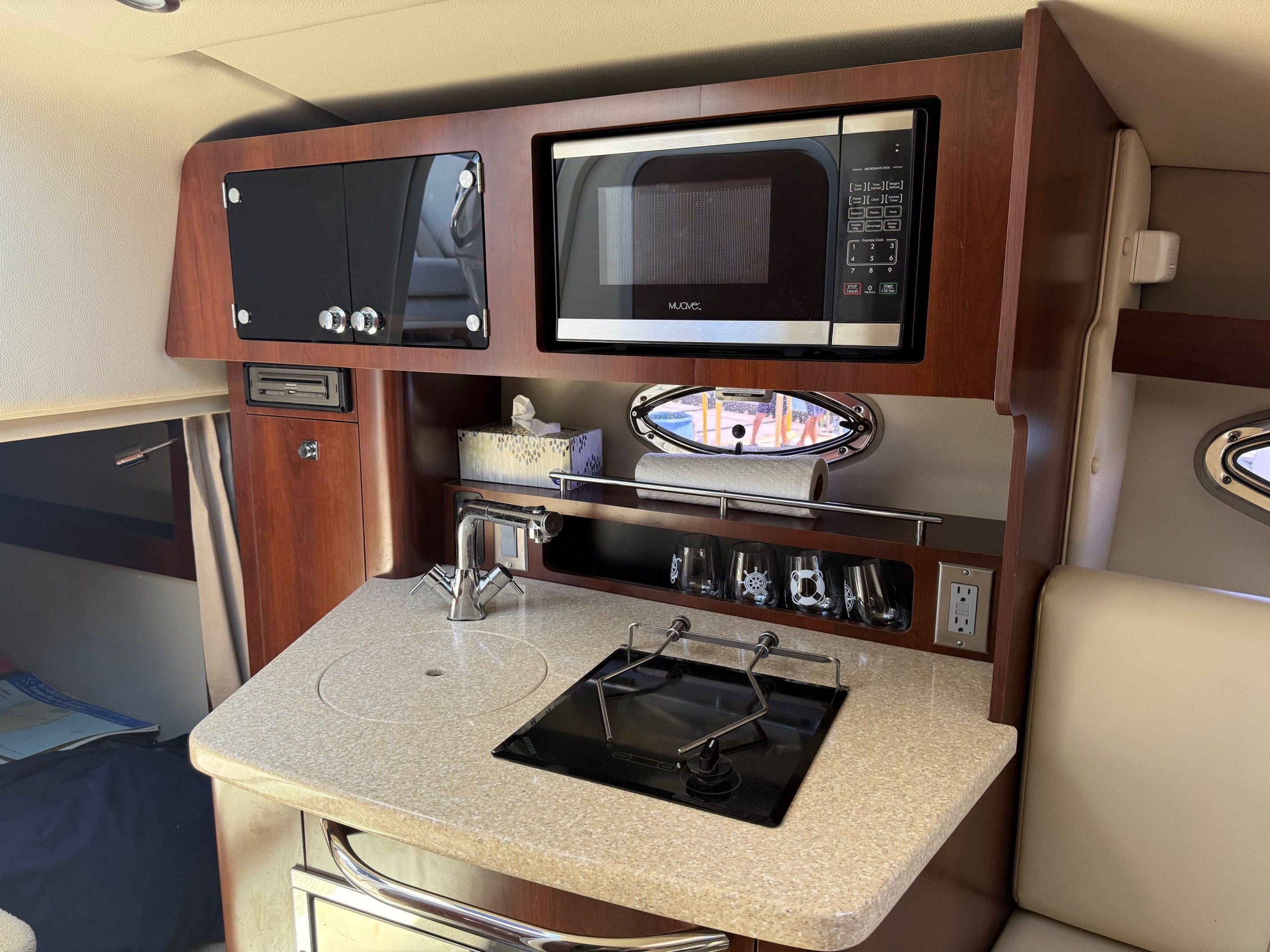Interior of Chaparral 270 Signature yacht kitchen, 2018 model.