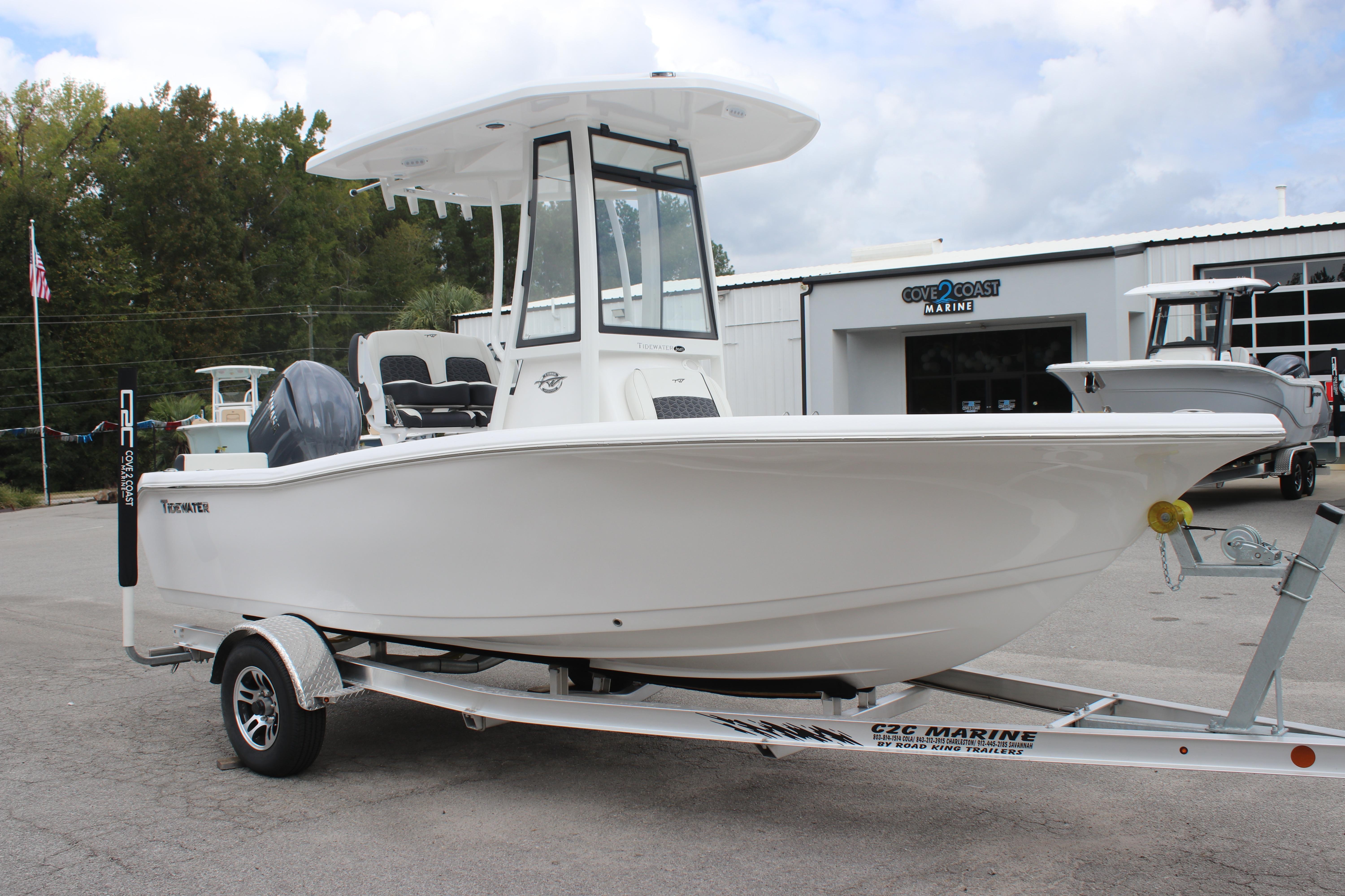 2026 Tidewater 198 CC Adventure boat on trailer at Cove 2 Coast Marine dealership.