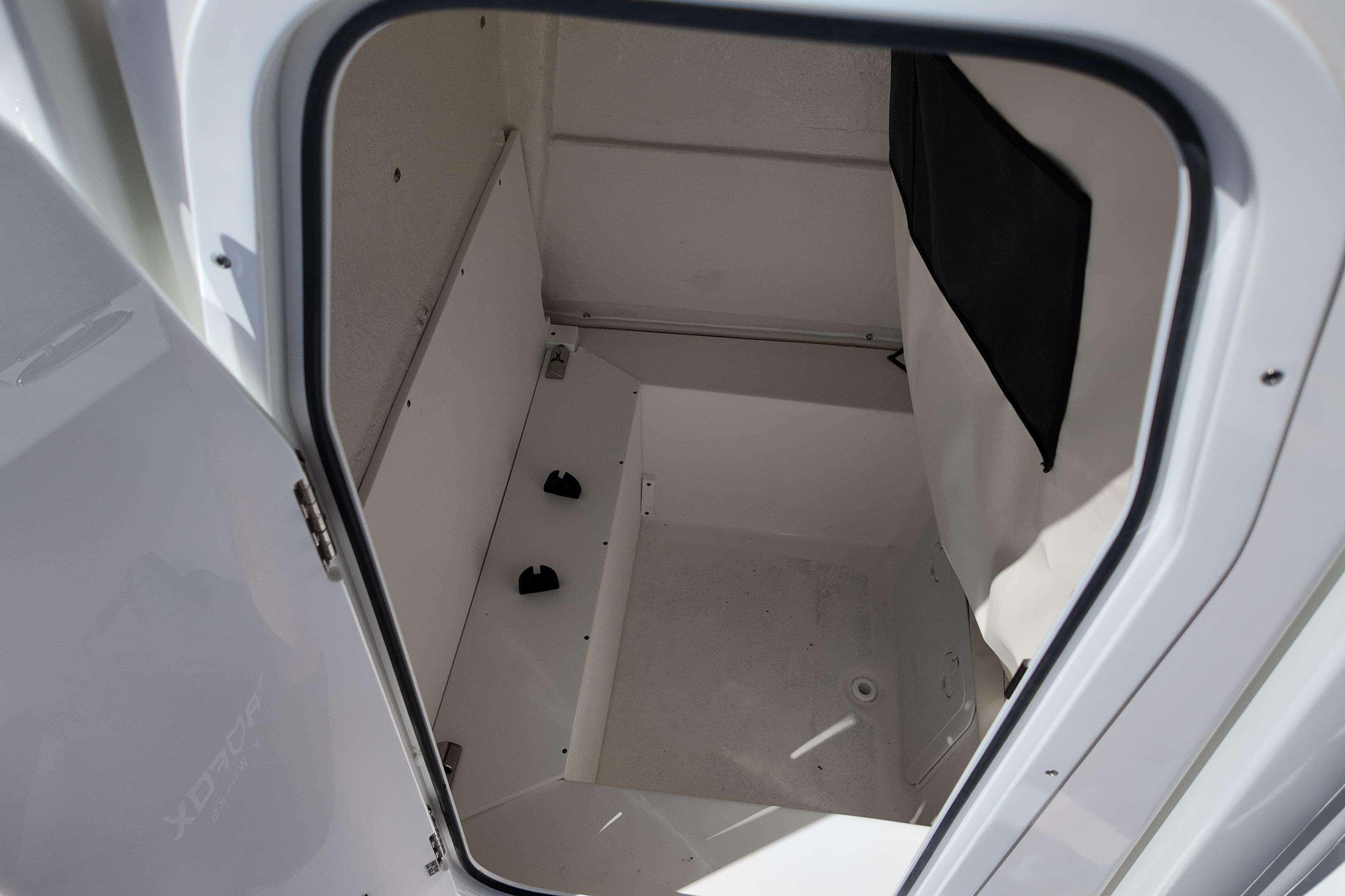 Interior view of 2026 Sea Fox 251 Bay Fox storage compartment.