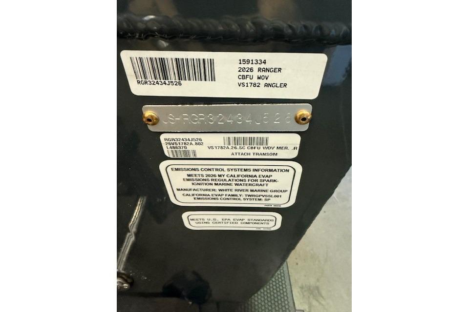 Label on 2026 Ranger VS1782SC Angler, showing serial and emissions information.