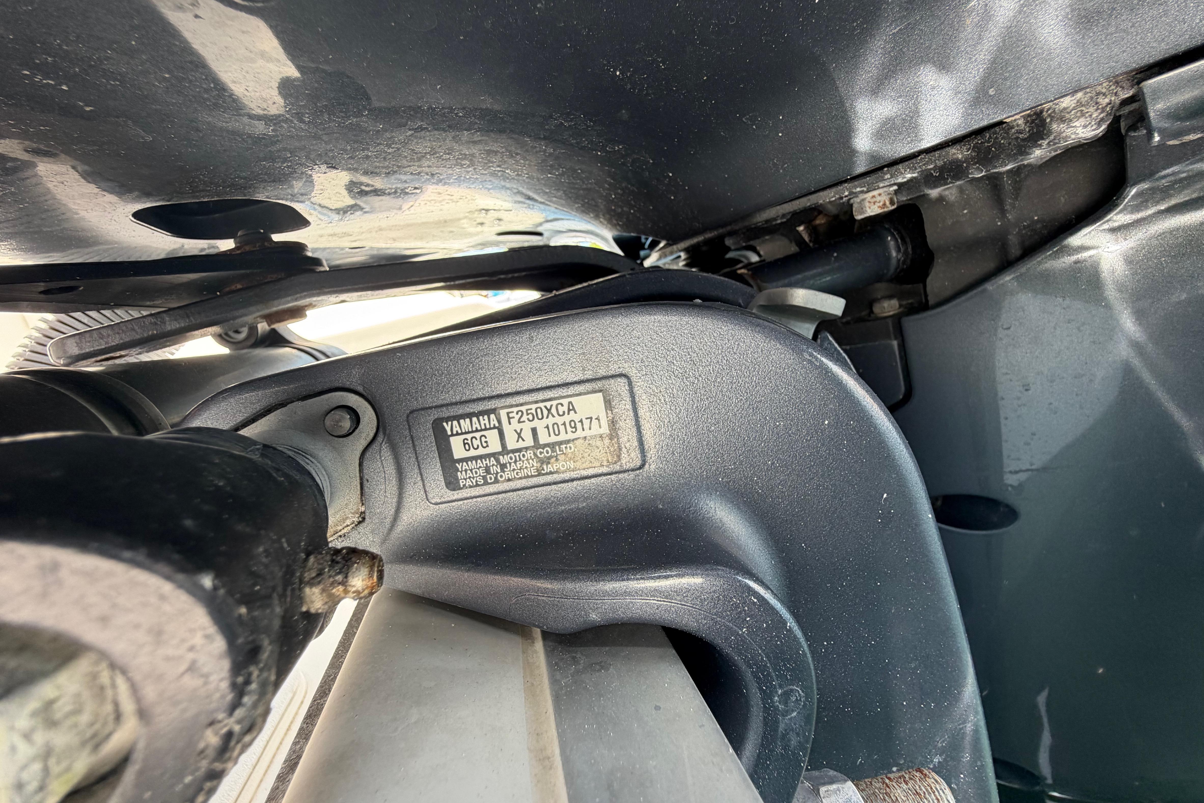 Close-up of Yamaha motor on 2019 Sea Hunt Gamefish 27 Coffin Box boat.