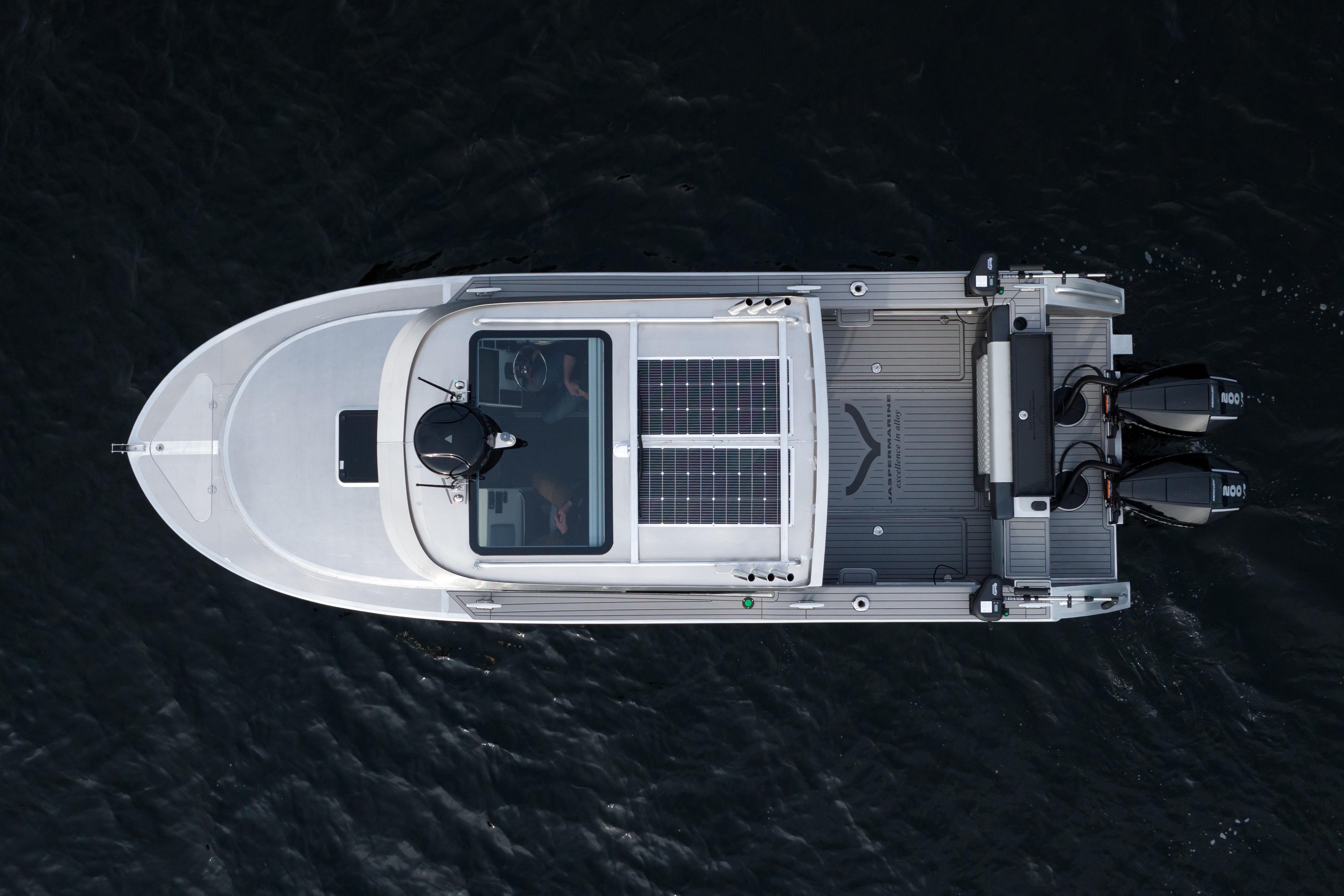 Overhead view of 2026 Jasper Marine Defender 22 boat with solar panels.