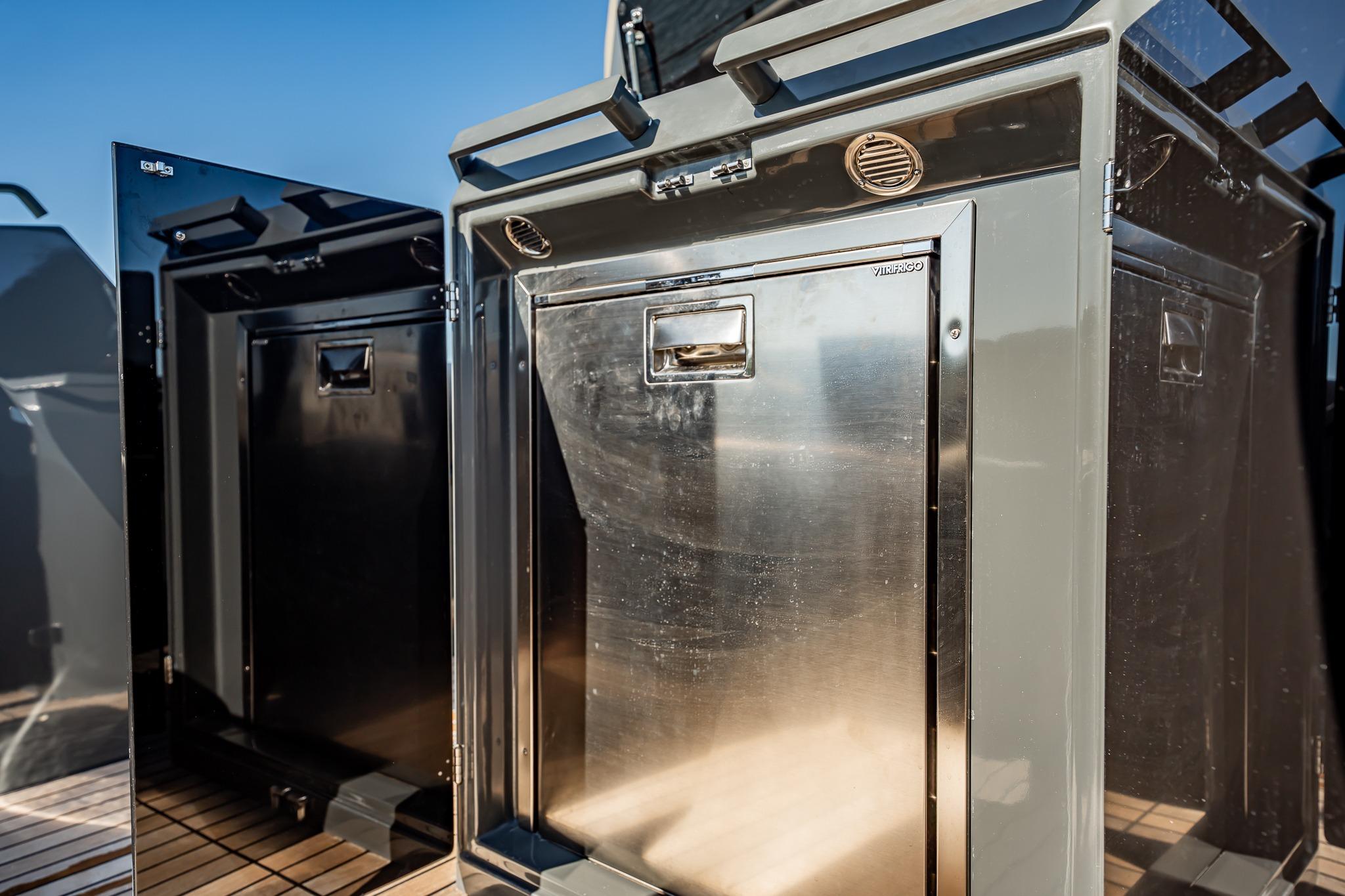 Stainless steel storage compartments on 2023 Skipper-BSK 38NC boat deck.