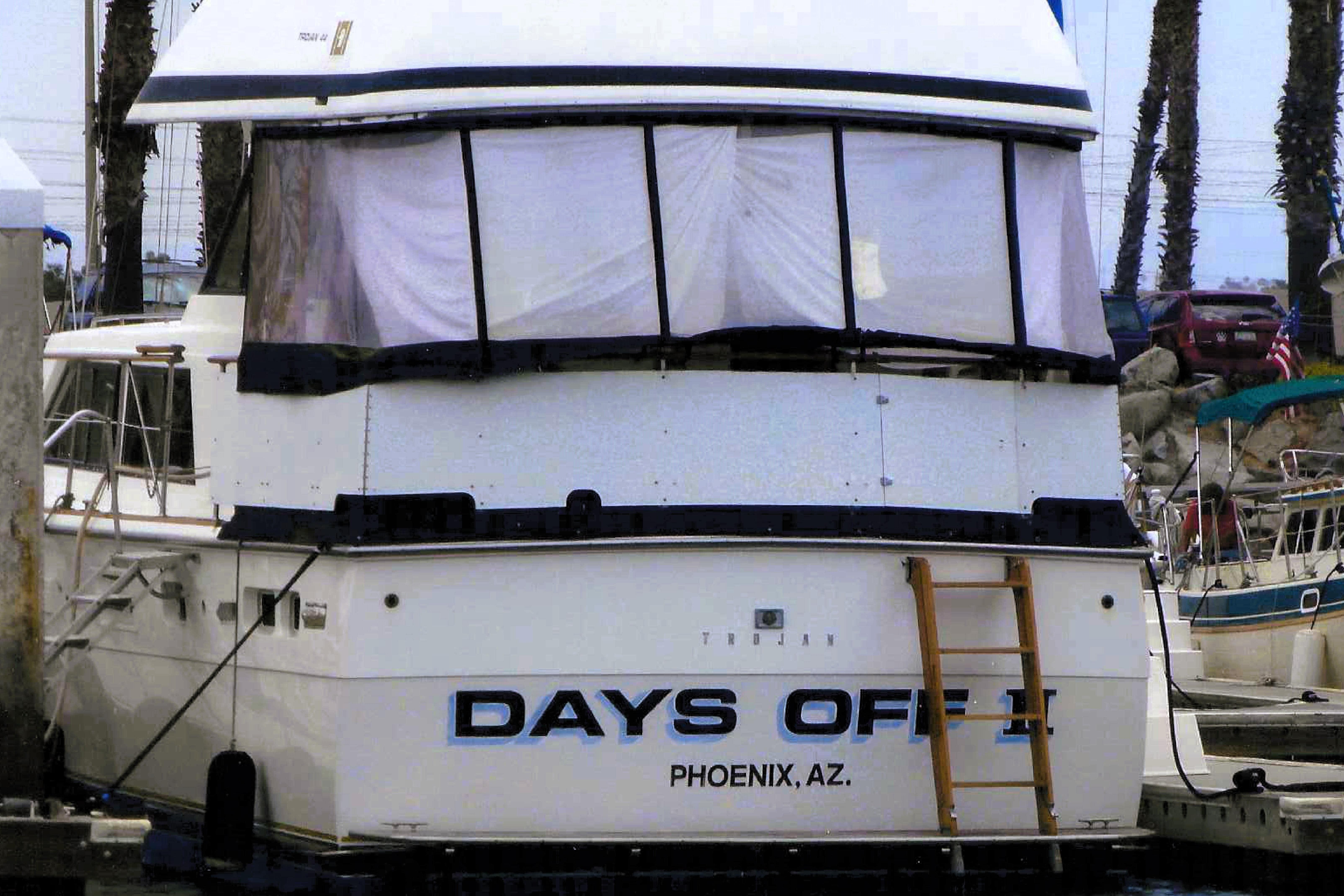 1979 Trojan 44 Motor Yacht docked, named "Days Off II," Phoenix, AZ.