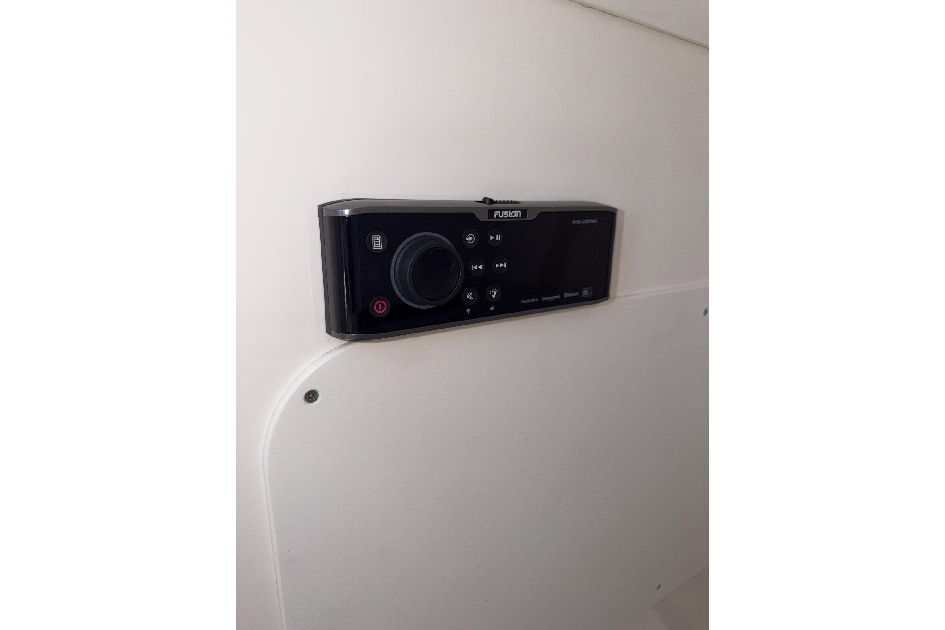 Fusion marine stereo system on 2021 Boston Whaler 330 Outrage boat interior.