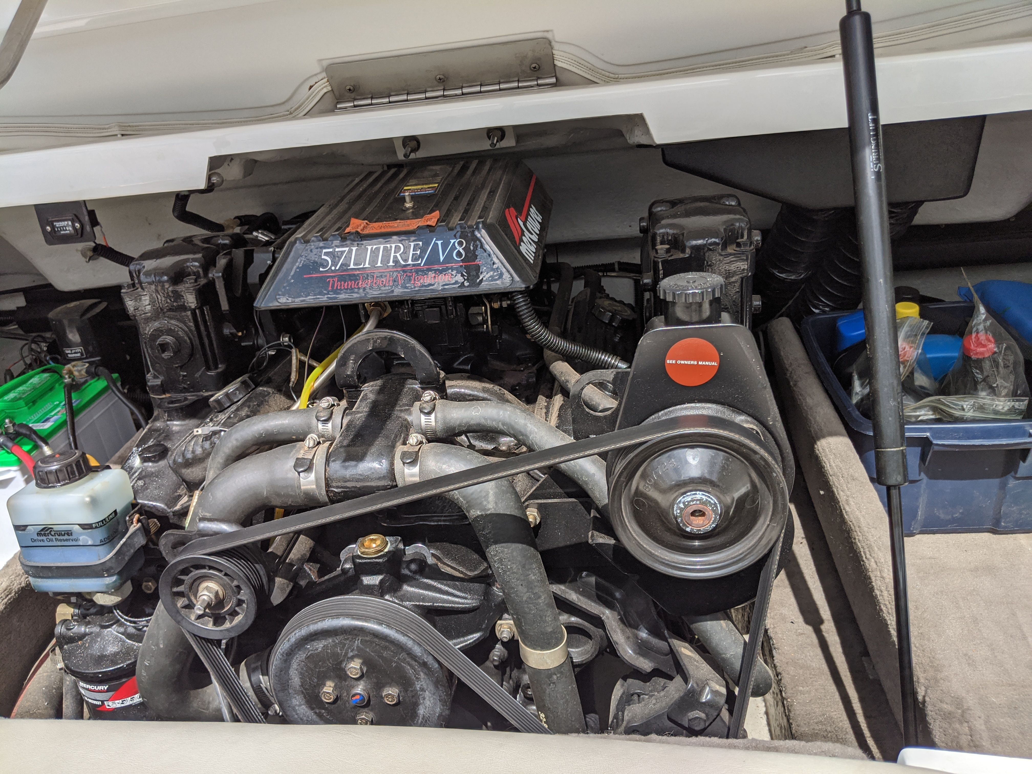A 5.7-liter V8 engine in a 1997 Cobalt 190 boat.