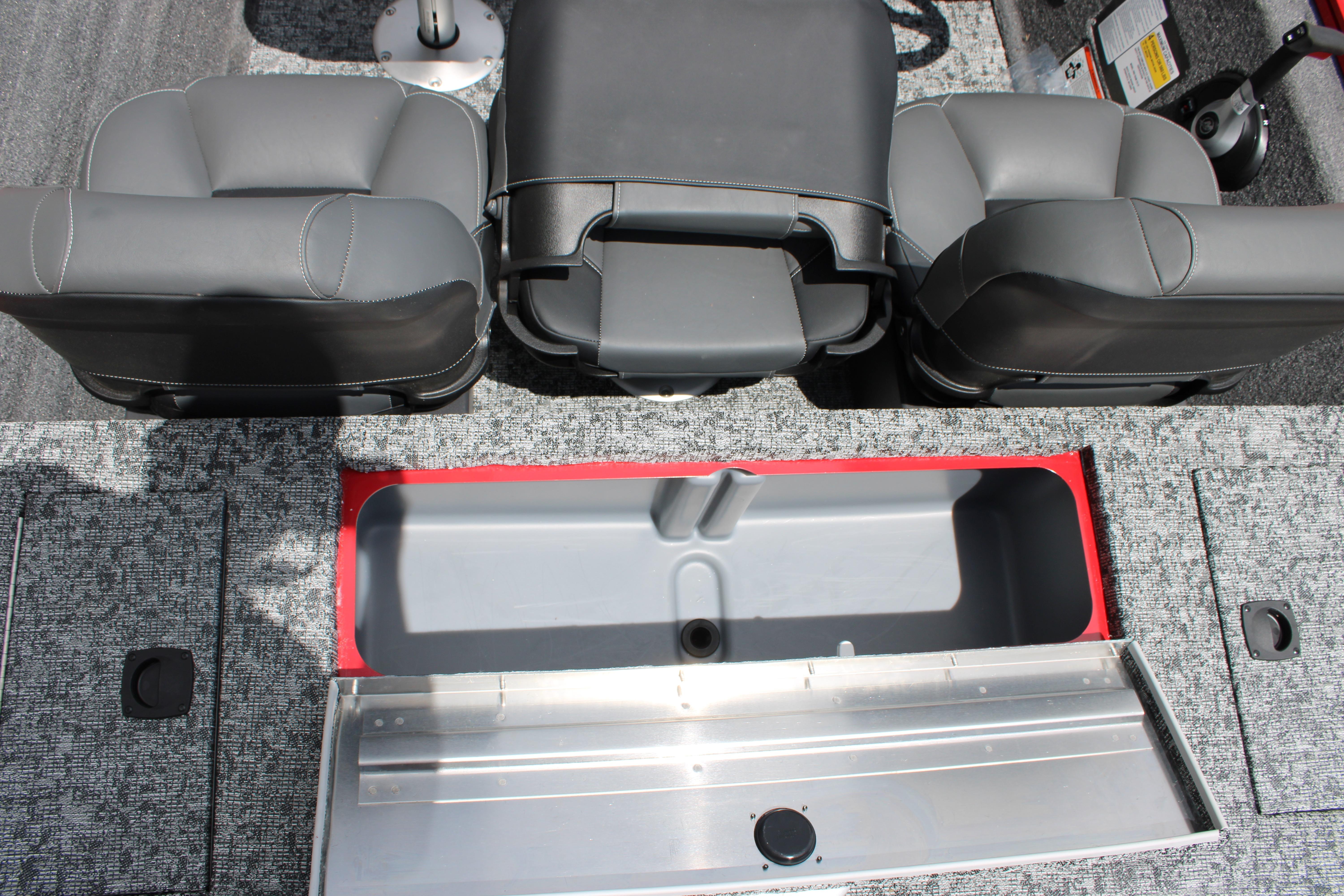 2026 Tracker Pro Team 175 Crappie Edition boat interior with seating and storage compartment.